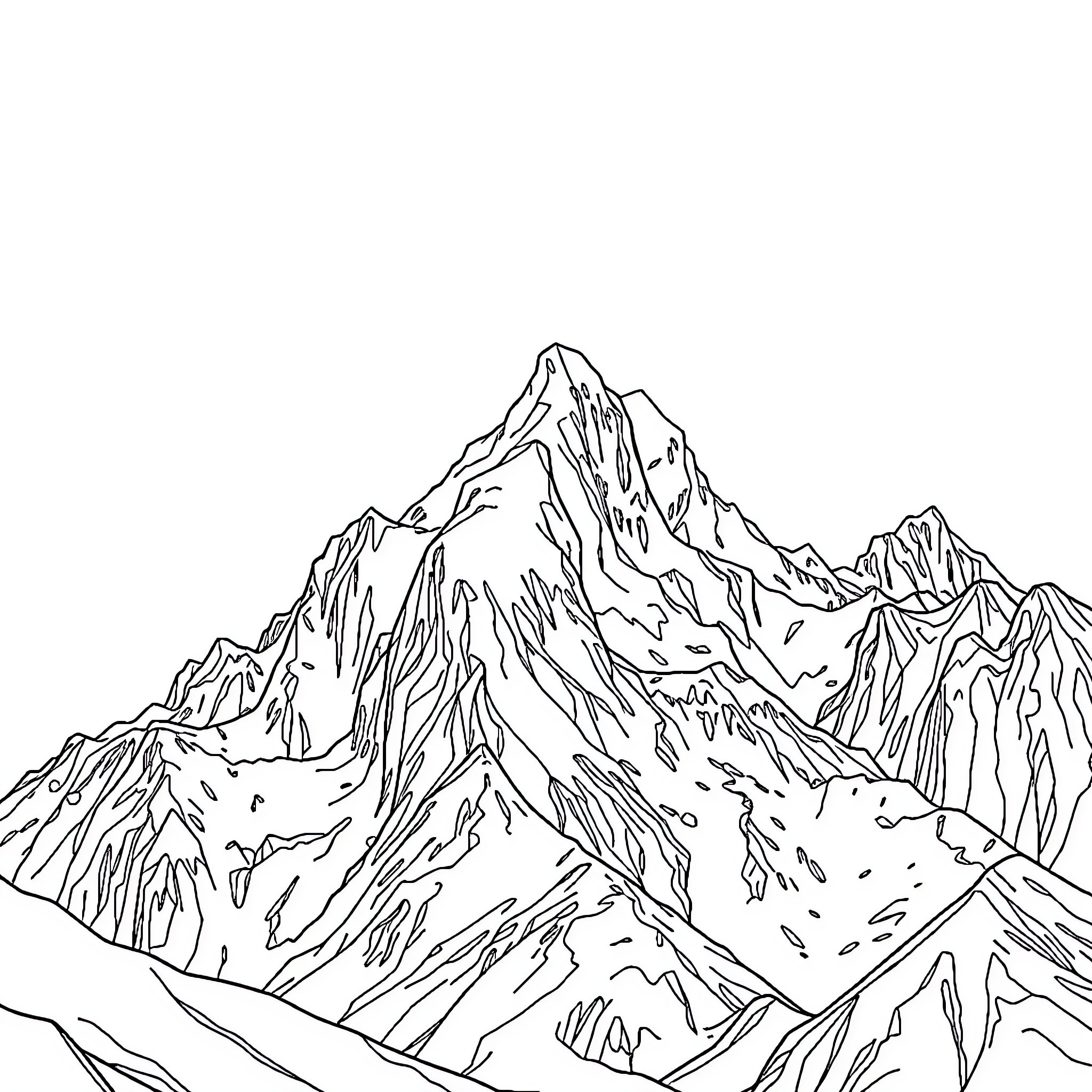 Mountain landscape with rugged peaks and ridges Coloring Page (free black-and-white line drawing printable PDF for all, from beginners to advanced learners, including children, teens, adults, and seniors)