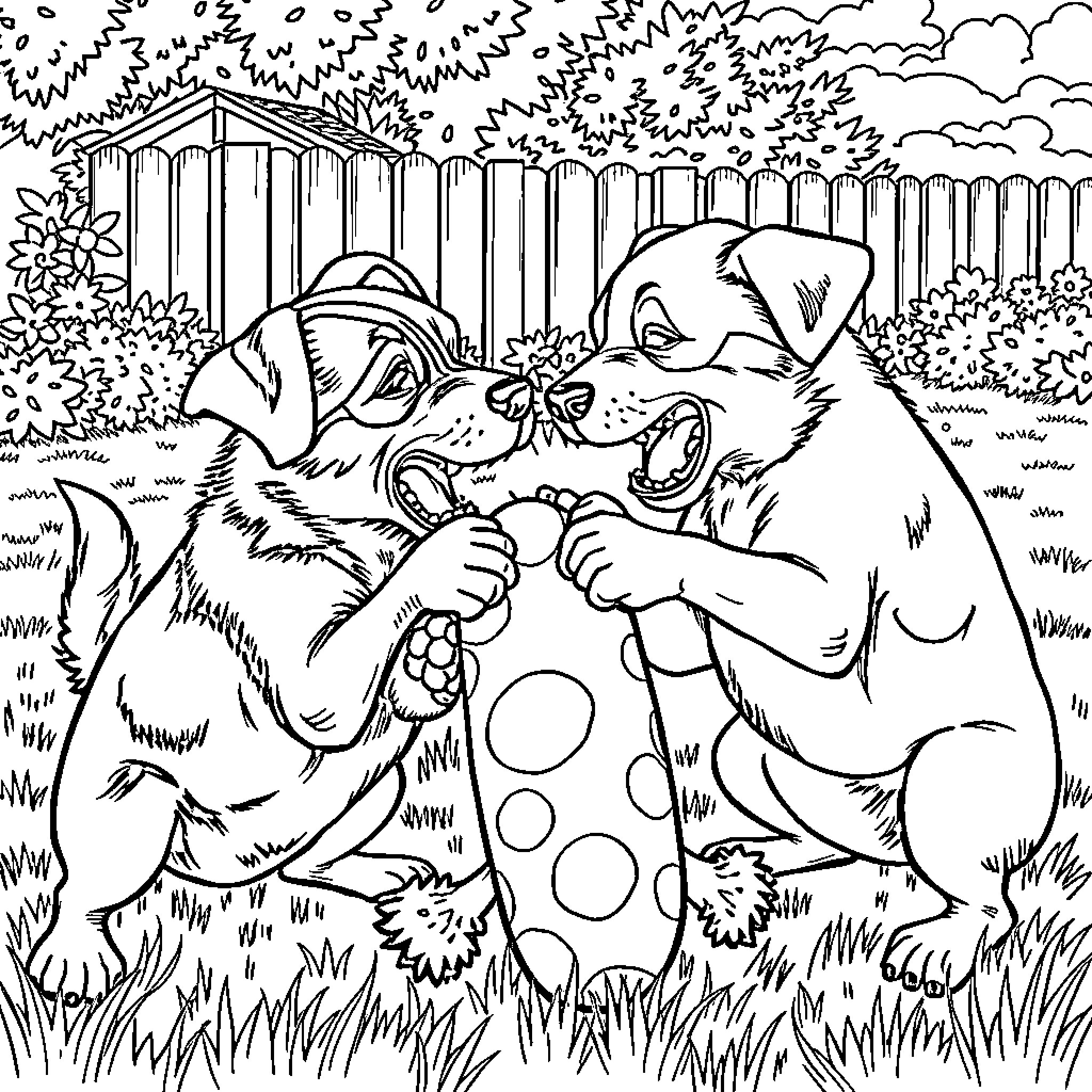 Dog friends playing joyfully in a backyard Coloring Page (free black-and-white line drawing printable PDF for all, from beginners to advanced learners, including children, teens, adults, and seniors)