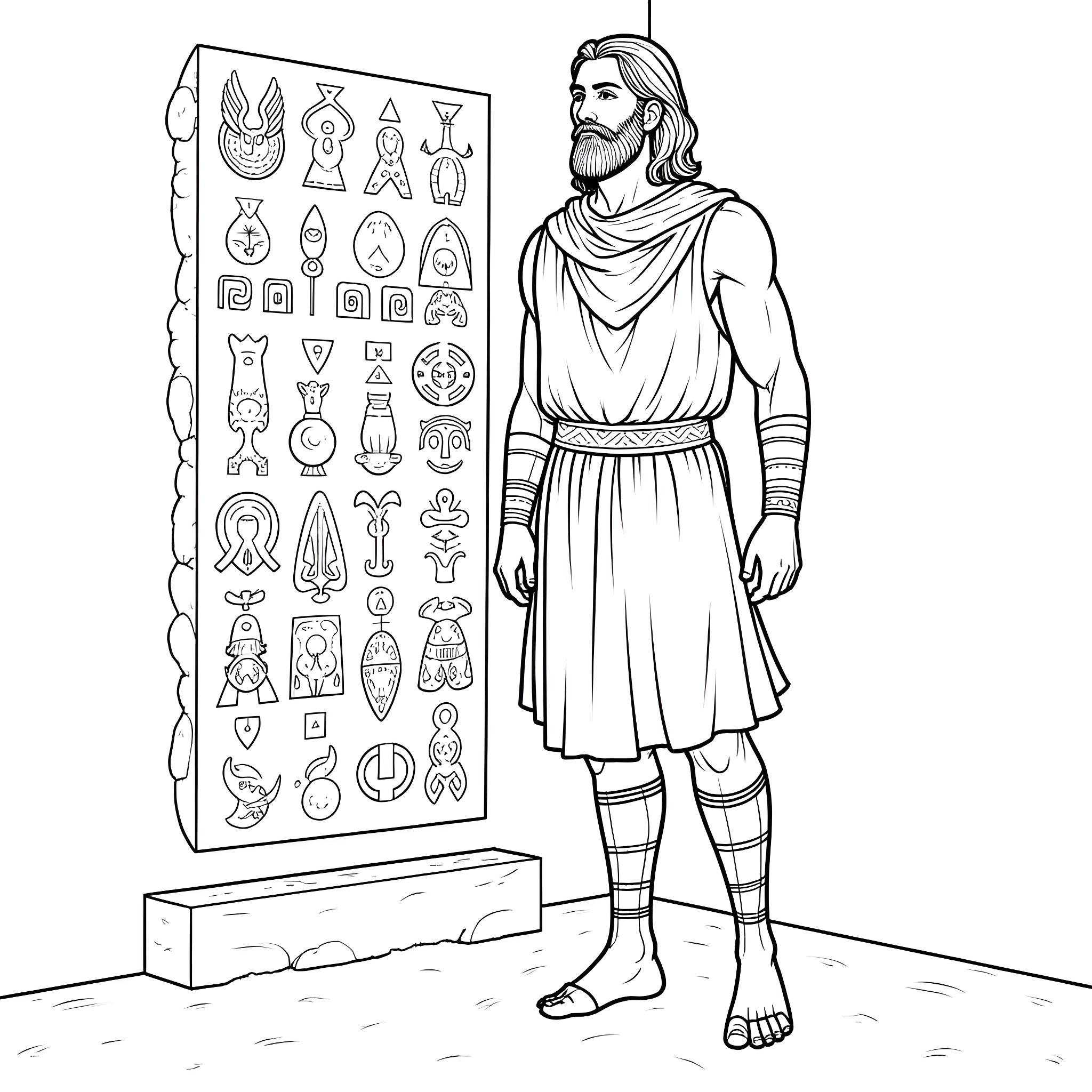 Man observing ancient symbols on wall display Coloring Page (free black-and-white line drawing printable PDF for all, from beginners to advanced learners, including children, teens, adults, and seniors)