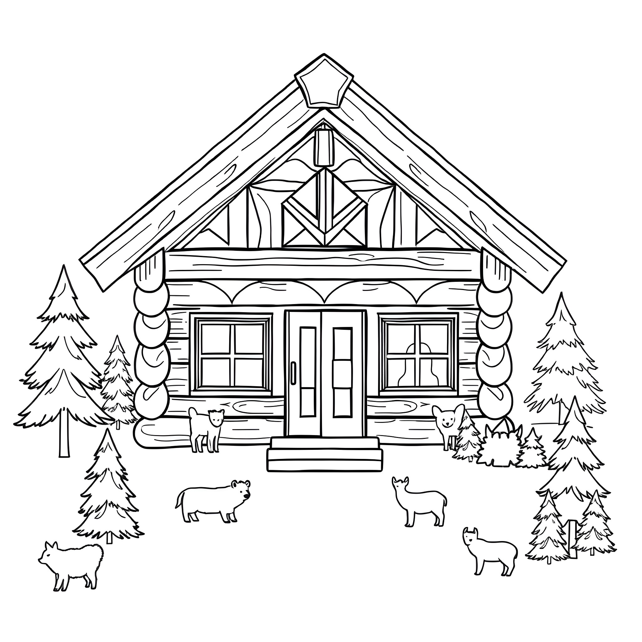 Log Cabin with Woodland Animals and Scenery Coloring Page (free black-and-white line drawing printable PDF for all, from beginners to advanced learners, including children, teens, adults, and seniors)