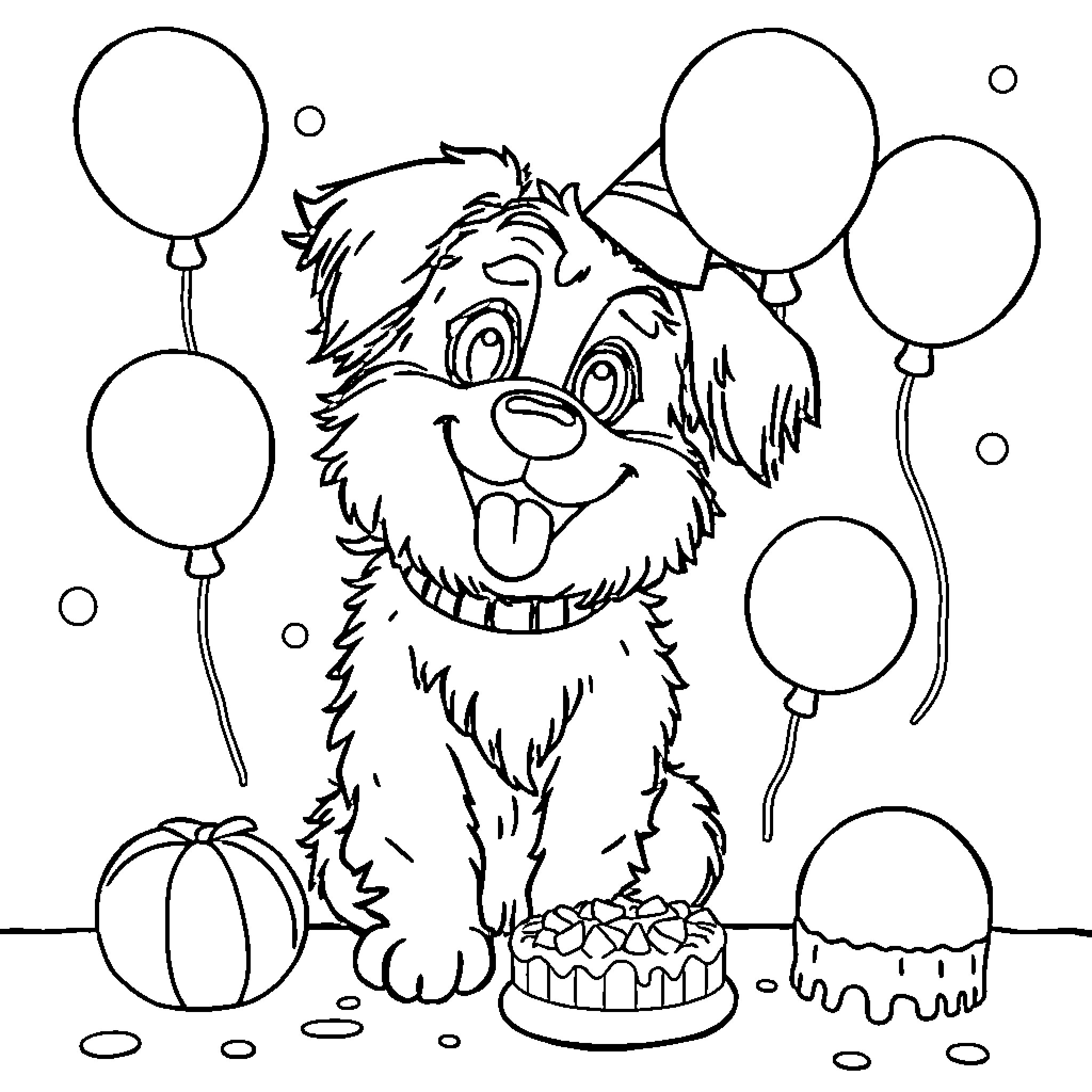 Paw Patrol Puppy's Birthday Party Coloring Page (free black-and-white line drawing printable PDF for all, from beginners to advanced learners, including children, teens, adults, and seniors)
