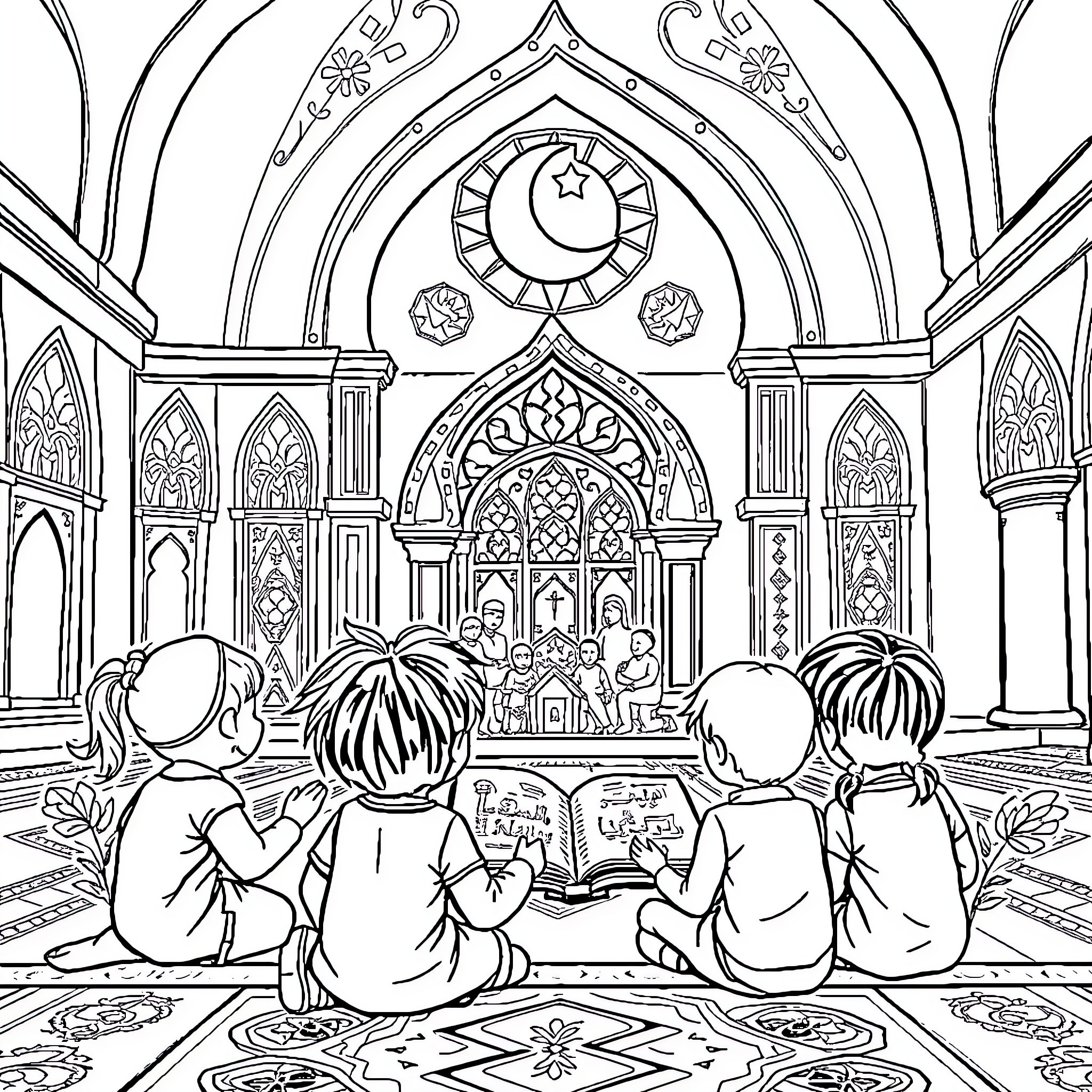Book of Prayer in Ornate Mosque Coloring Page (free black-and-white line drawing printable PDF for all, from beginners to advanced learners, including children, teens, adults, and seniors)