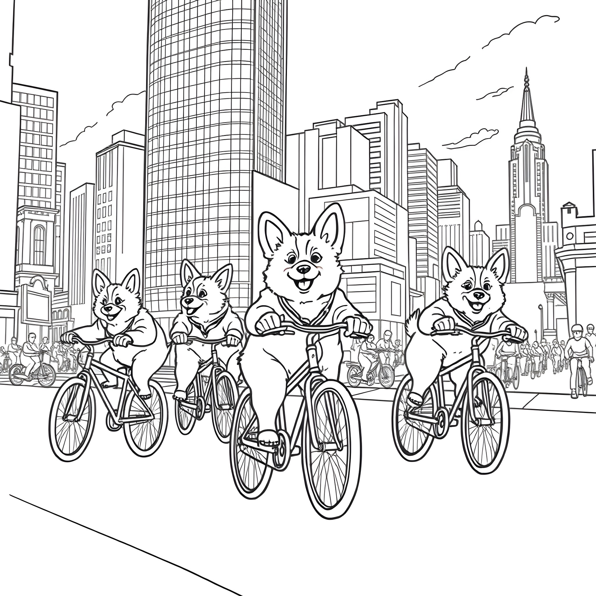 Corgi family cycling through the city Coloring Page (free black-and-white line drawing printable PDF for all, from beginners to advanced learners, including children, teens, adults, and seniors)