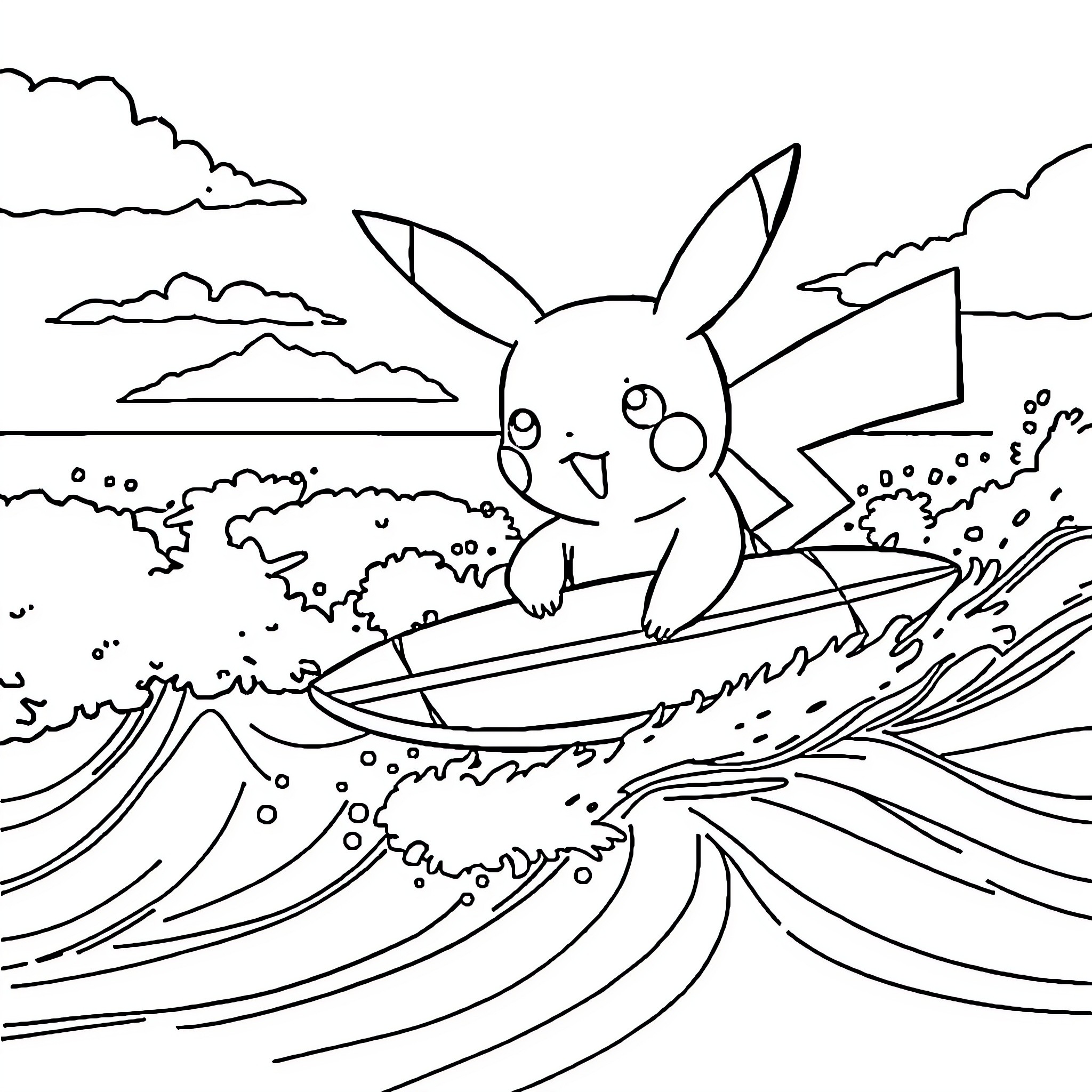 Pikachu surfing on the waves Coloring Page (free black-and-white line drawing printable PDF for all, from beginners to advanced learners, including children, teens, adults, and seniors)