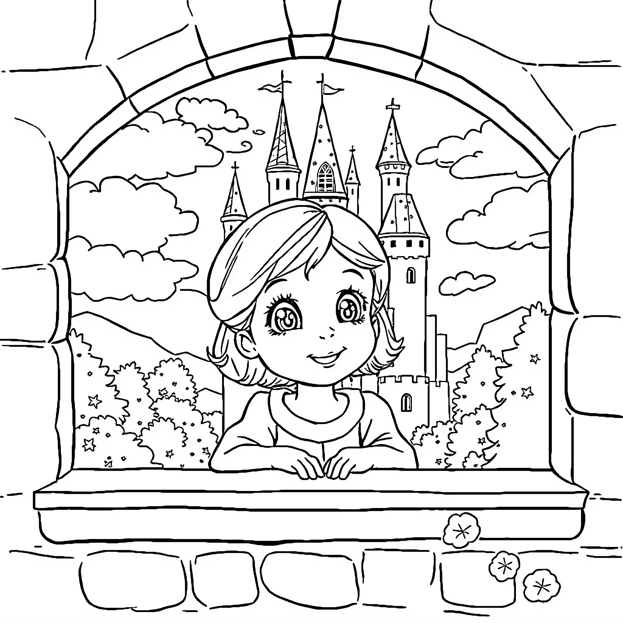 Fille exploring a magical castle scene Coloring Page (free black-and-white line drawing printable PDF for all, from beginners to advanced learners, including children, teens, adults, and seniors)