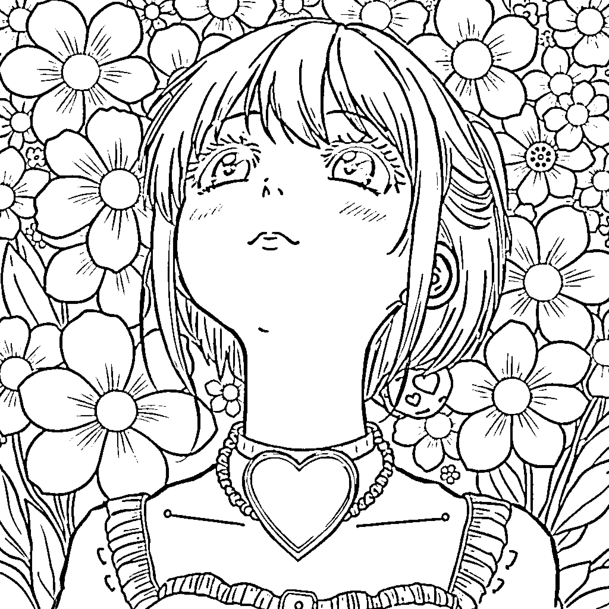 Anime Girl Surrounded by Blooming Flowers Coloring Page (free black-and-white line drawing printable PDF for all, from beginners to advanced learners, including children, teens, adults, and seniors)