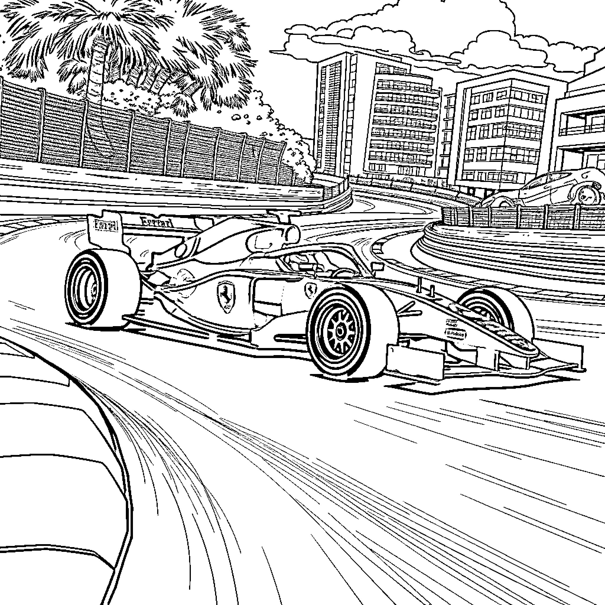 Ferrari Formula One Race in the City Coloring Page (free black-and-white line drawing printable PDF for all, from beginners to advanced learners, including children, teens, adults, and seniors)
