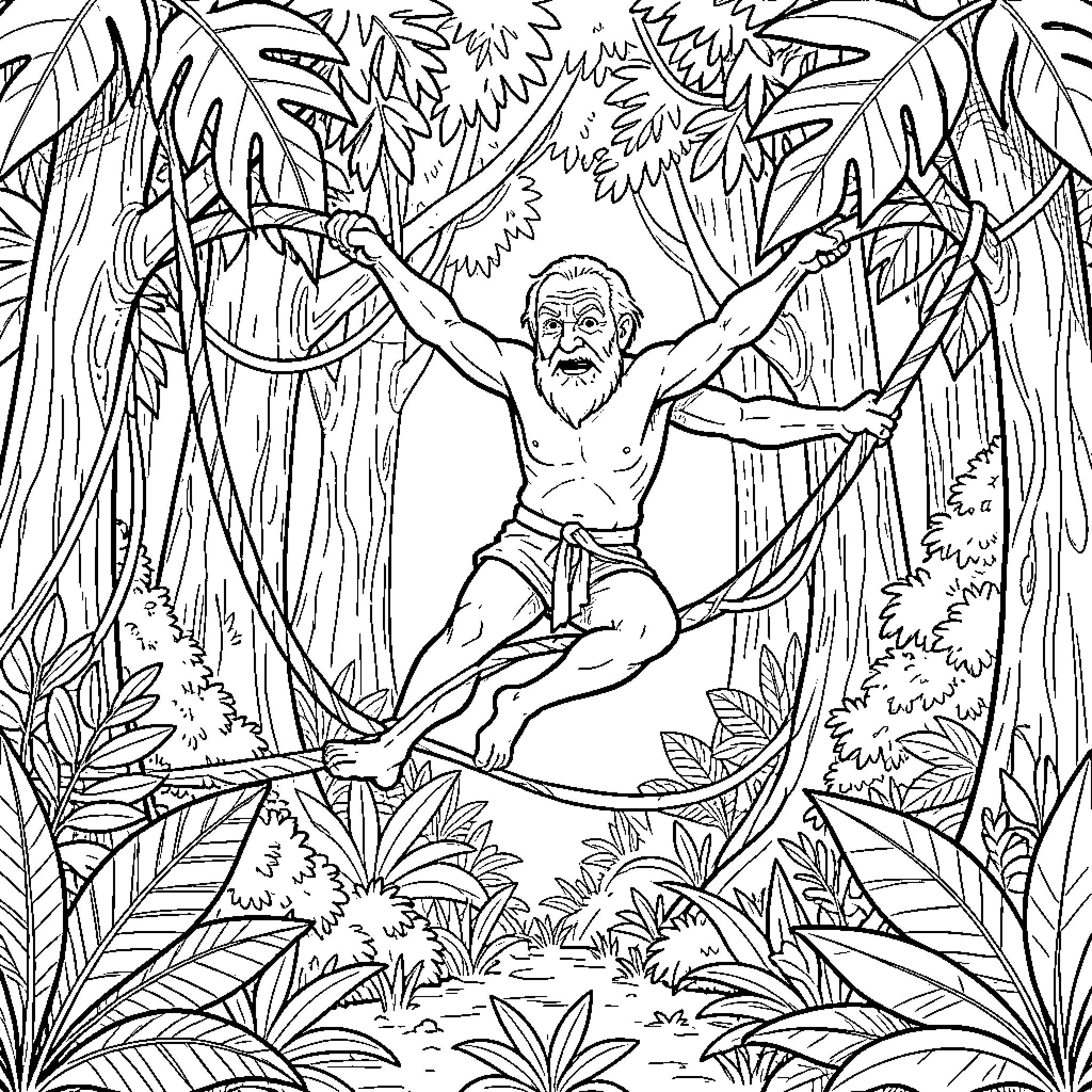 Pepe swinging on vines through a dense jungle Coloring Page (free black-and-white line drawing printable PDF for all, from beginners to advanced learners, including children, teens, adults, and seniors)