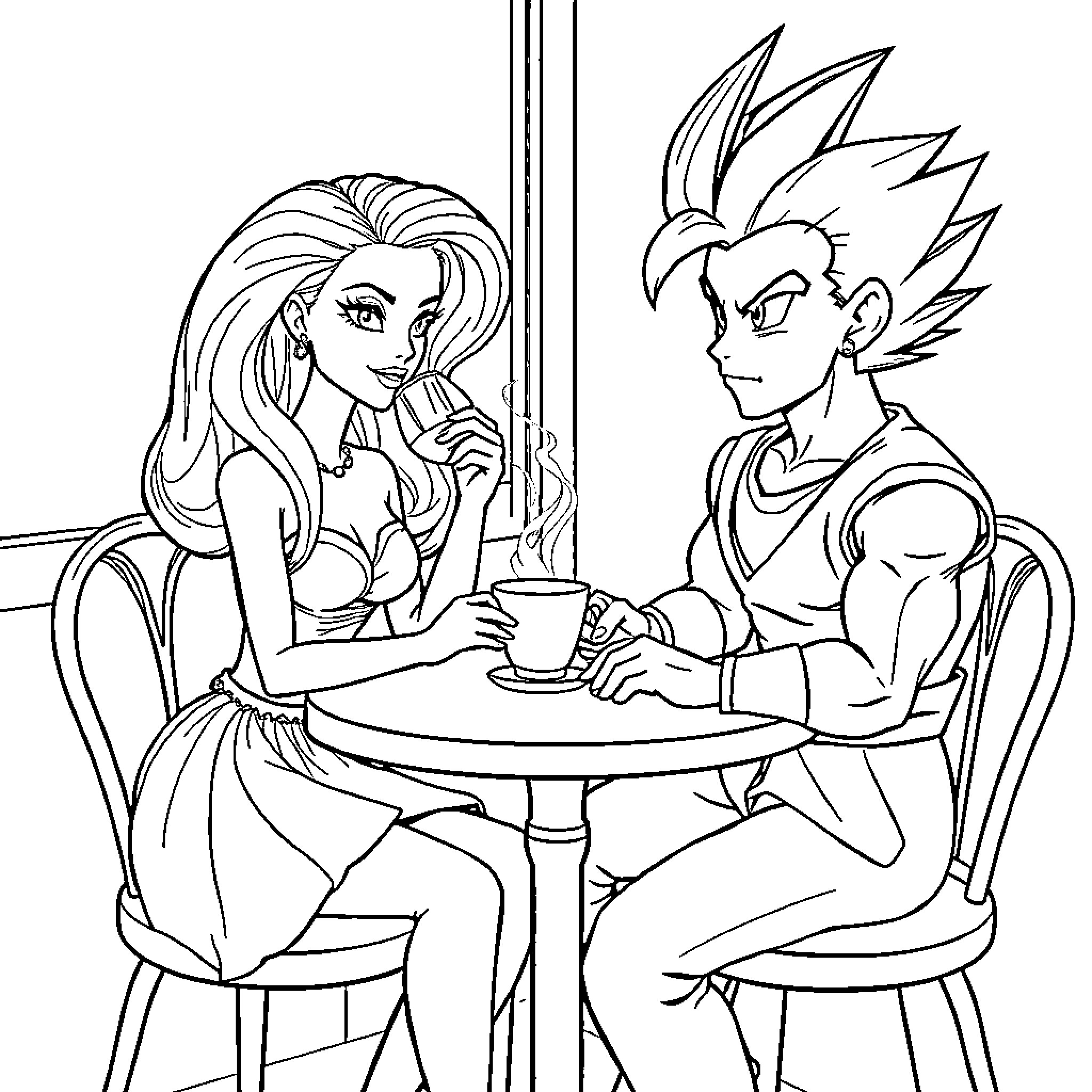 Barbie and Boyfriend Enjoy Casual Cafe Conversation Coloring Page (free black-and-white line drawing printable PDF for all, from beginners to advanced learners, including children, teens, adults, and seniors)