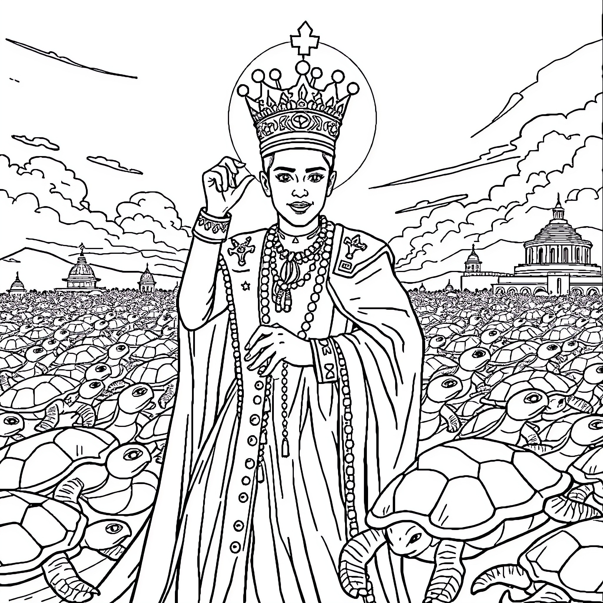 Martin Cirio's Regal Portrait in Ornate Attire Coloring Page (free black-and-white line drawing printable PDF for all, from beginners to advanced learners, including children, teens, adults, and seniors)