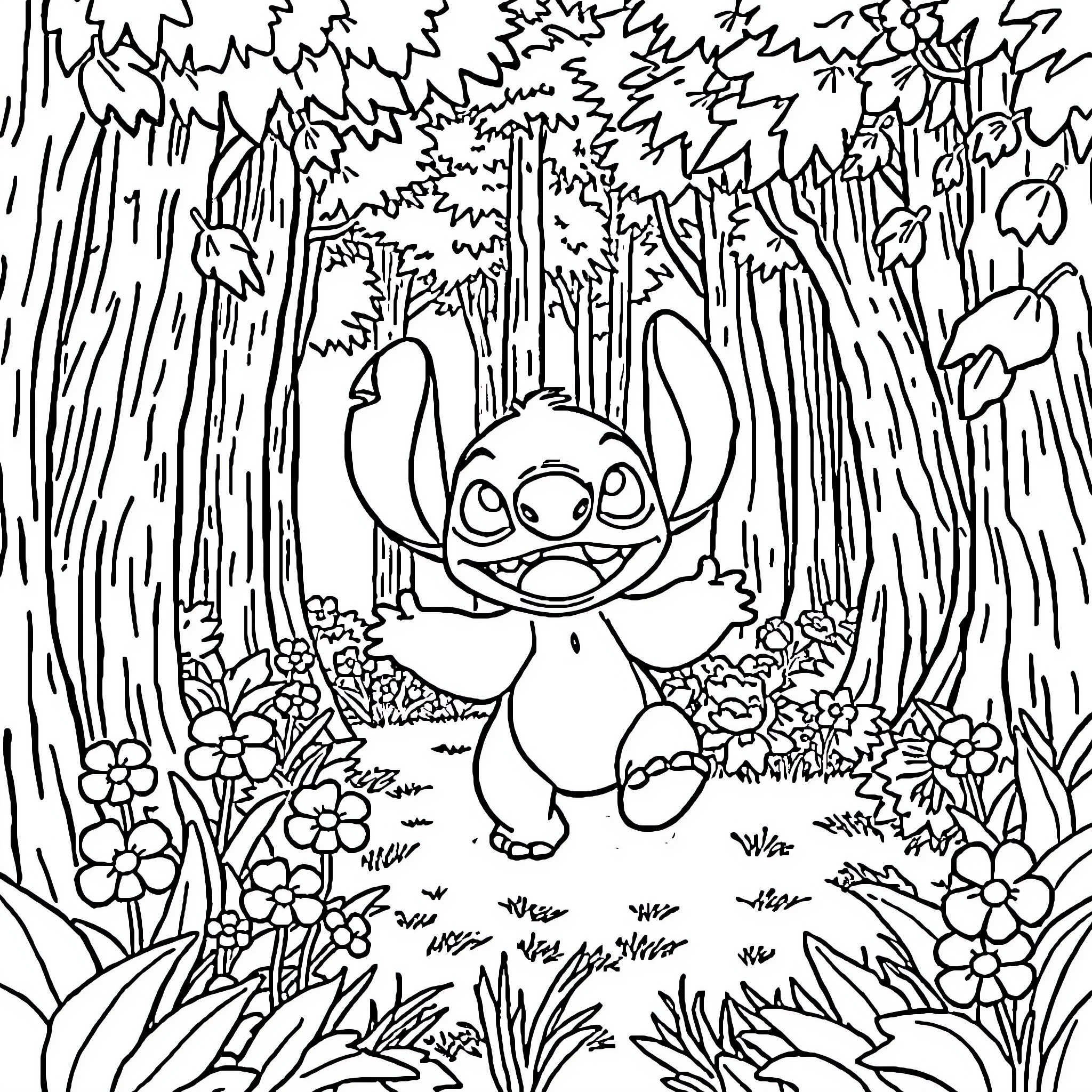 Stitch exploring the lush forest landscape Coloring Page (free black-and-white line drawing printable PDF for all, from beginners to advanced learners, including children, teens, adults, and seniors)
