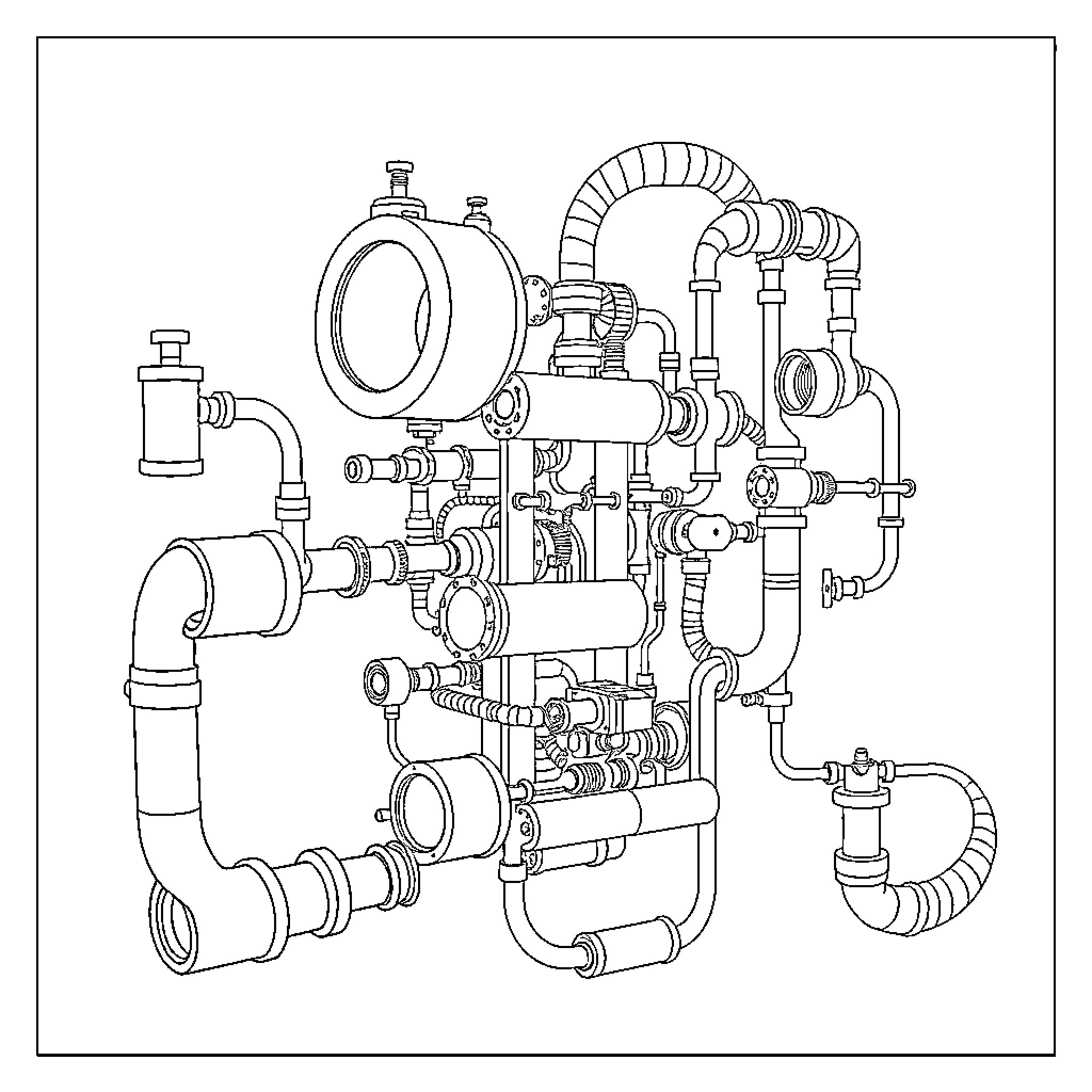 Rube Goldberg machine with complex piping and valves Coloring Page (free black-and-white line drawing printable PDF for all, from beginners to advanced learners, including children, teens, adults, and seniors)