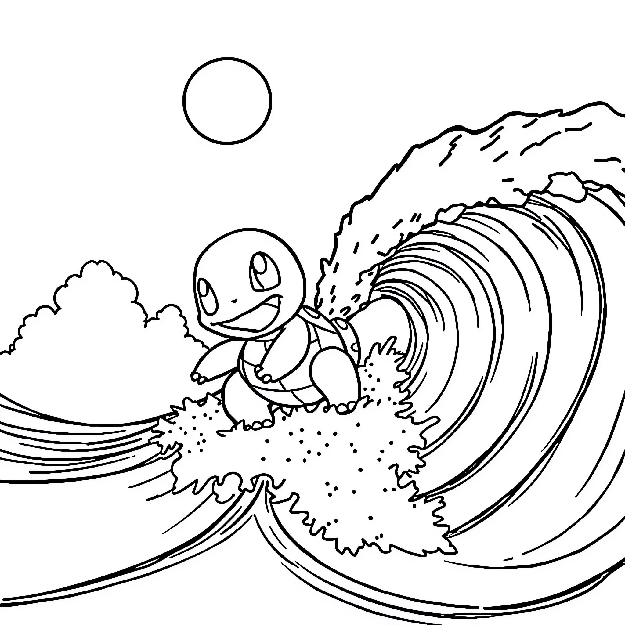 Squirtle surfing the waves Coloring Page (free black-and-white line drawing printable PDF for all, from beginners to advanced learners, including children, teens, adults, and seniors)