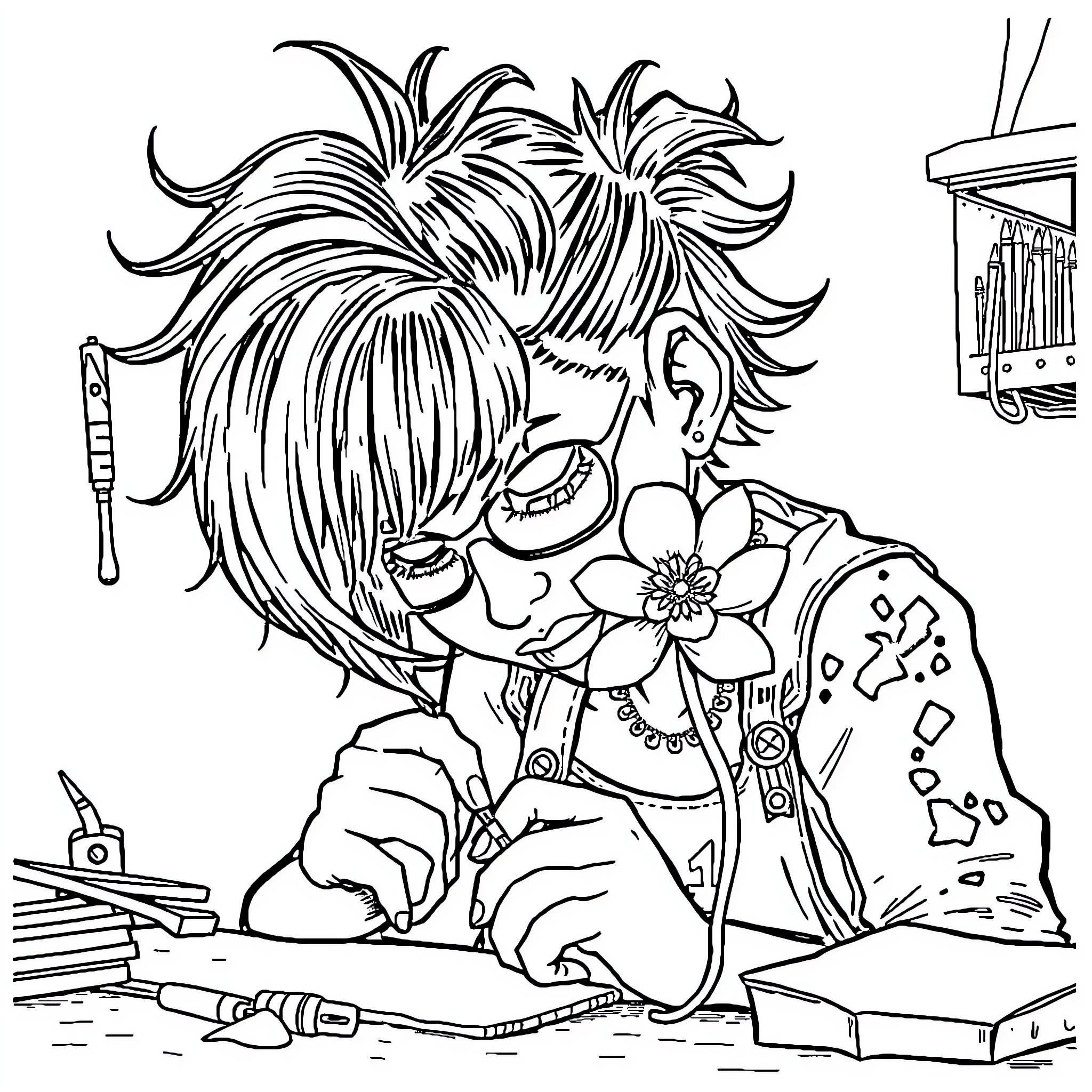 Punk Musician Creates Vibrant Musical Masterpiece Coloring Page (free black-and-white line drawing printable PDF for all, from beginners to advanced learners, including children, teens, adults, and seniors)