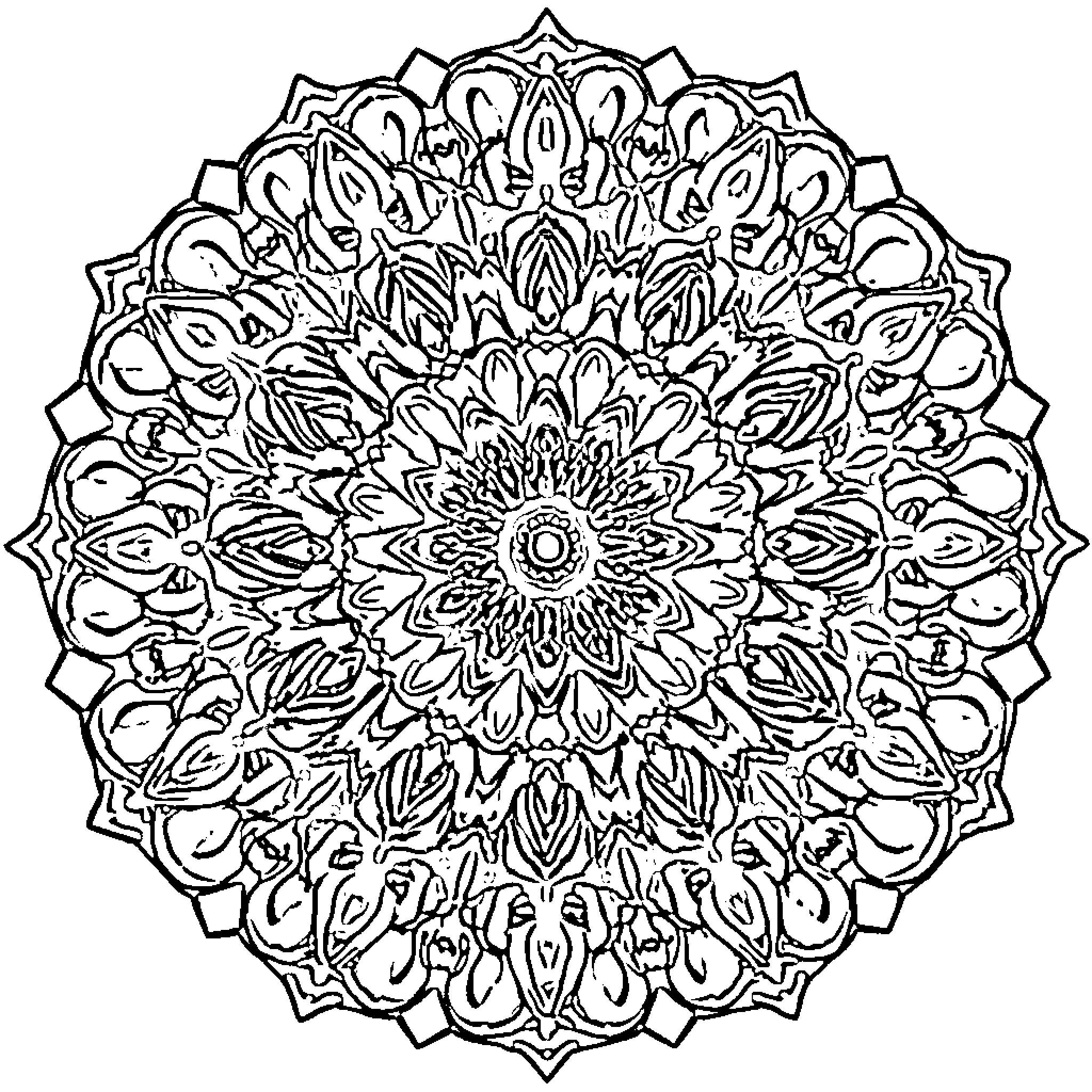 Mandala of intricate floral patterns Coloring Page (free black-and-white line drawing printable PDF for all, from beginners to advanced learners, including children, teens, adults, and seniors)