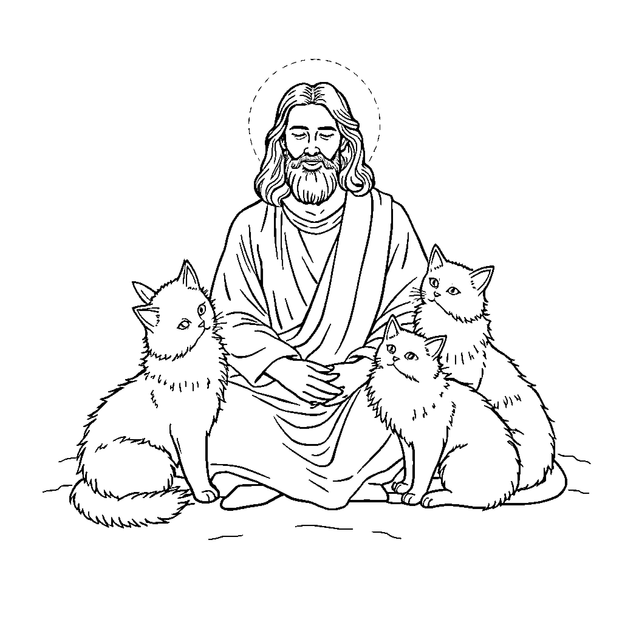 Jesus with a group of cats in a field Coloring Page (free black-and-white line drawing printable PDF for all, from beginners to advanced learners, including children, teens, adults, and seniors)