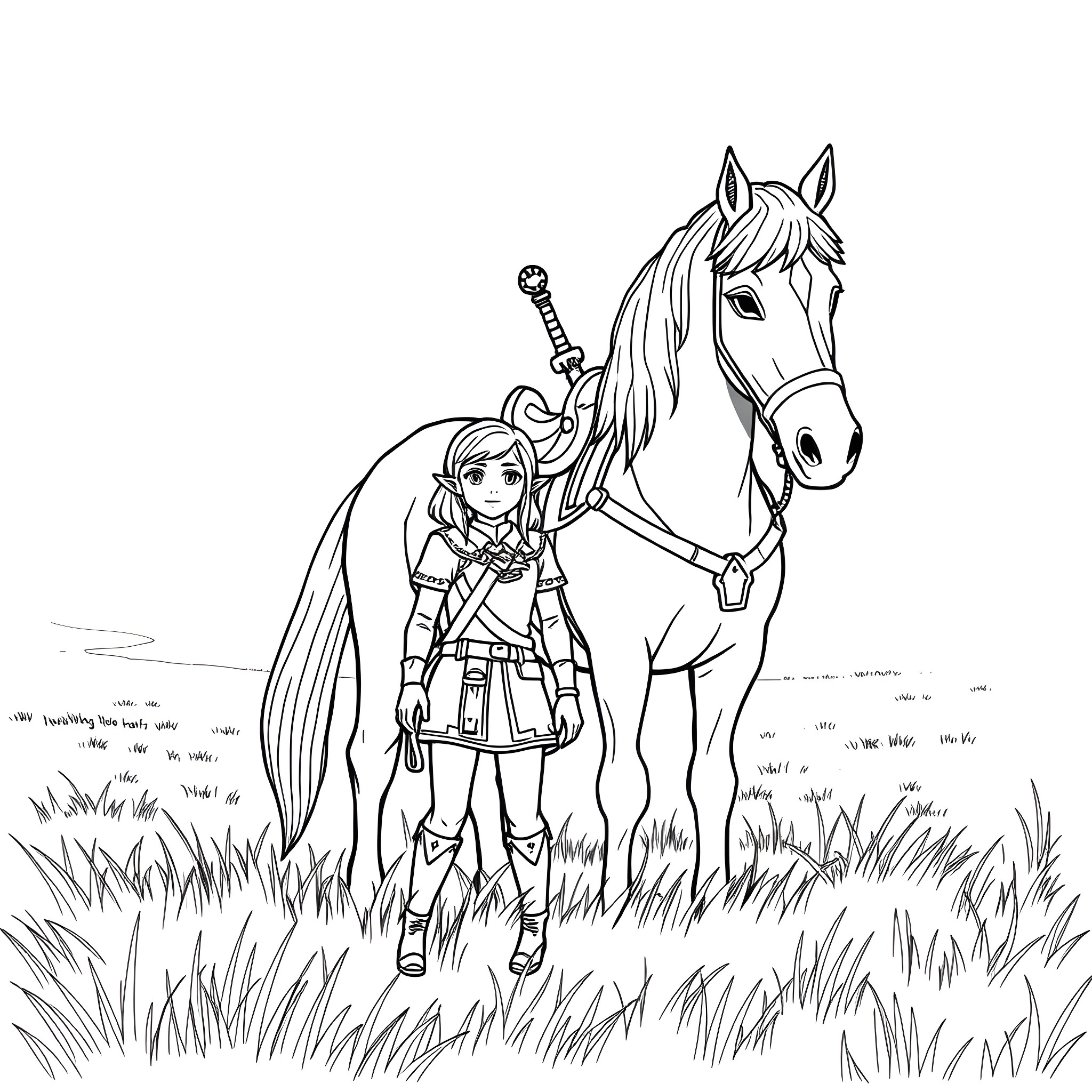 Zelda exploring the countryside with her trusty steed Coloring Page (free black-and-white line drawing printable PDF for all, from beginners to advanced learners, including children, teens, adults, and seniors)
