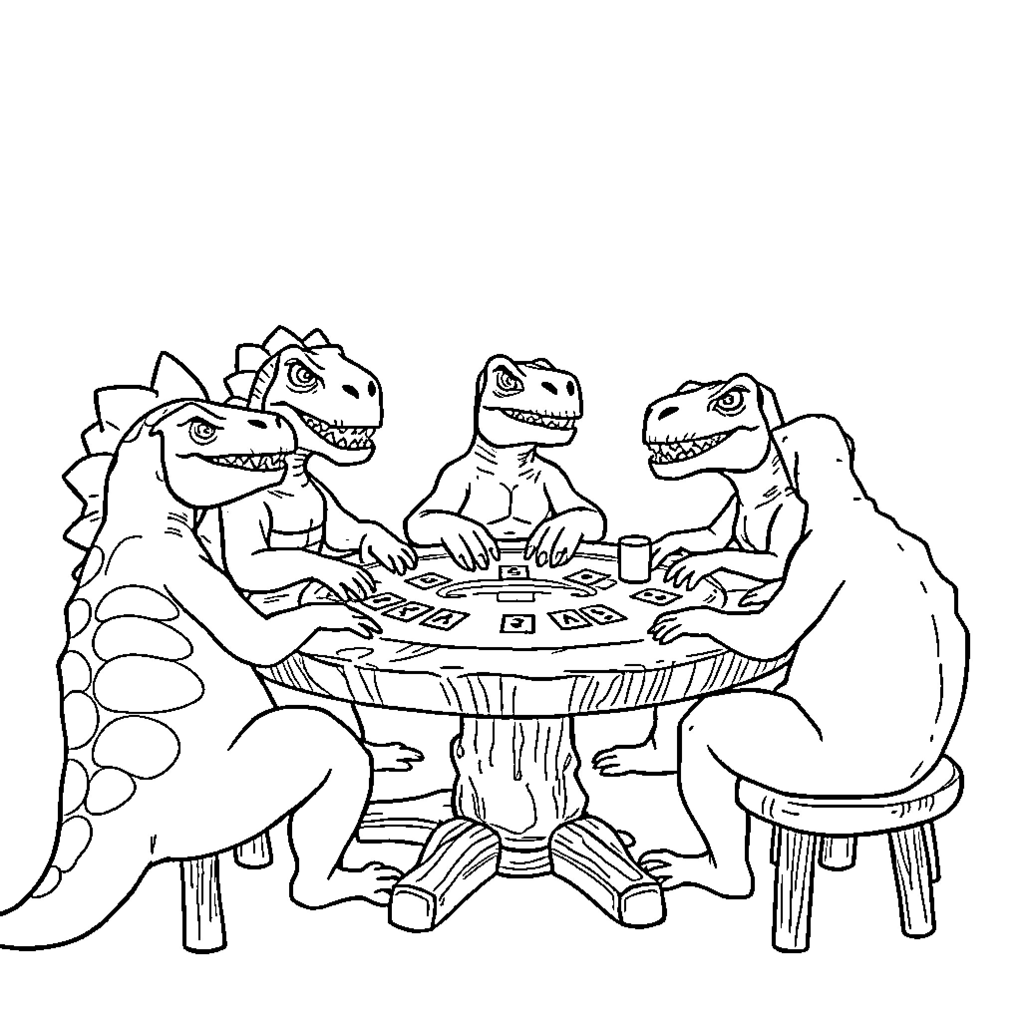 Dinosaur friends playing poker together Coloring Page (free black-and-white line drawing printable PDF for all, from beginners to advanced learners, including children, teens, adults, and seniors)