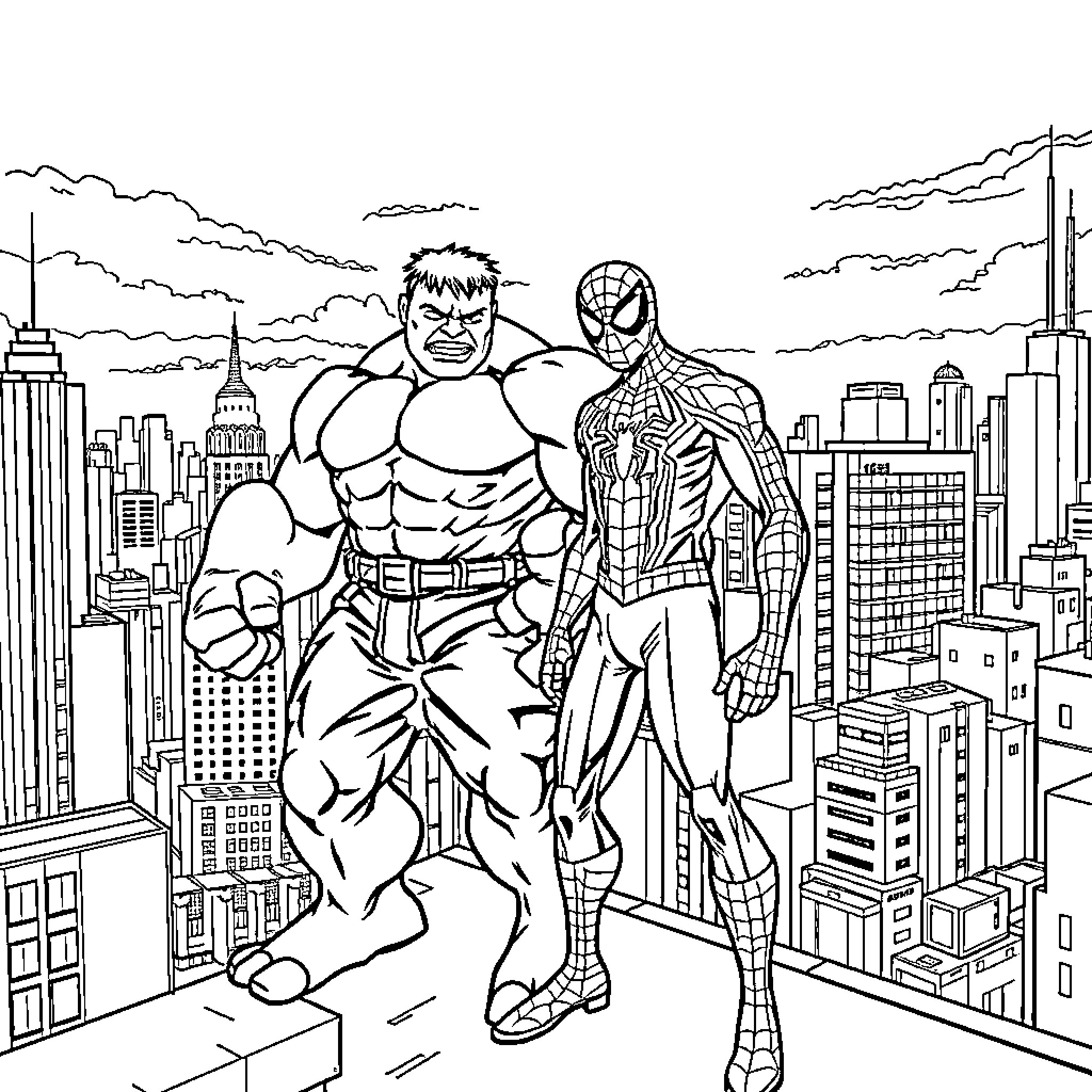 Hulk and Spider-Man protecting the city Coloring Page (free black-and-white line drawing printable PDF for all, from beginners to advanced learners, including children, teens, adults, and seniors)