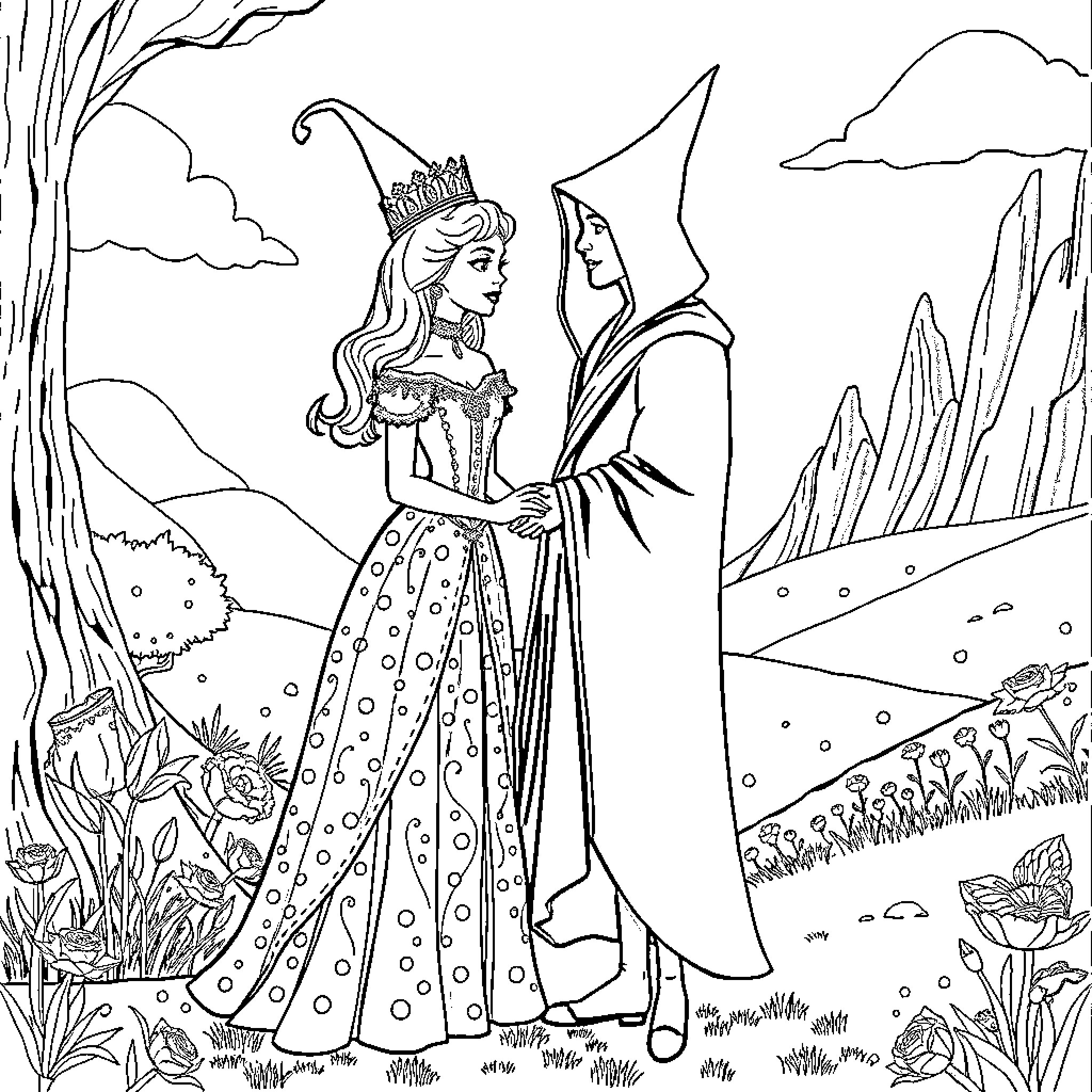 Glinda and Elphaba in enchanting attire Coloring Page (free black-and-white line drawing printable PDF for all, from beginners to advanced learners, including children, teens, adults, and seniors)