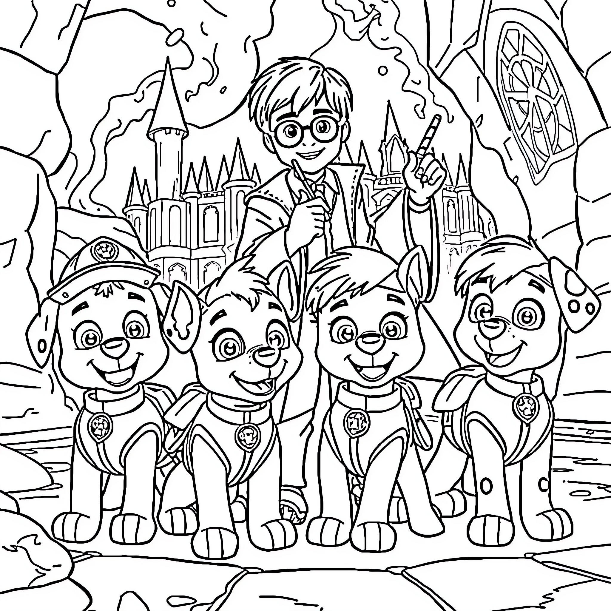Paw Patrol pups on an adventure with Harry Potter Coloring Page (free black-and-white line drawing printable PDF for all, from beginners to advanced learners, including children, teens, adults, and seniors)