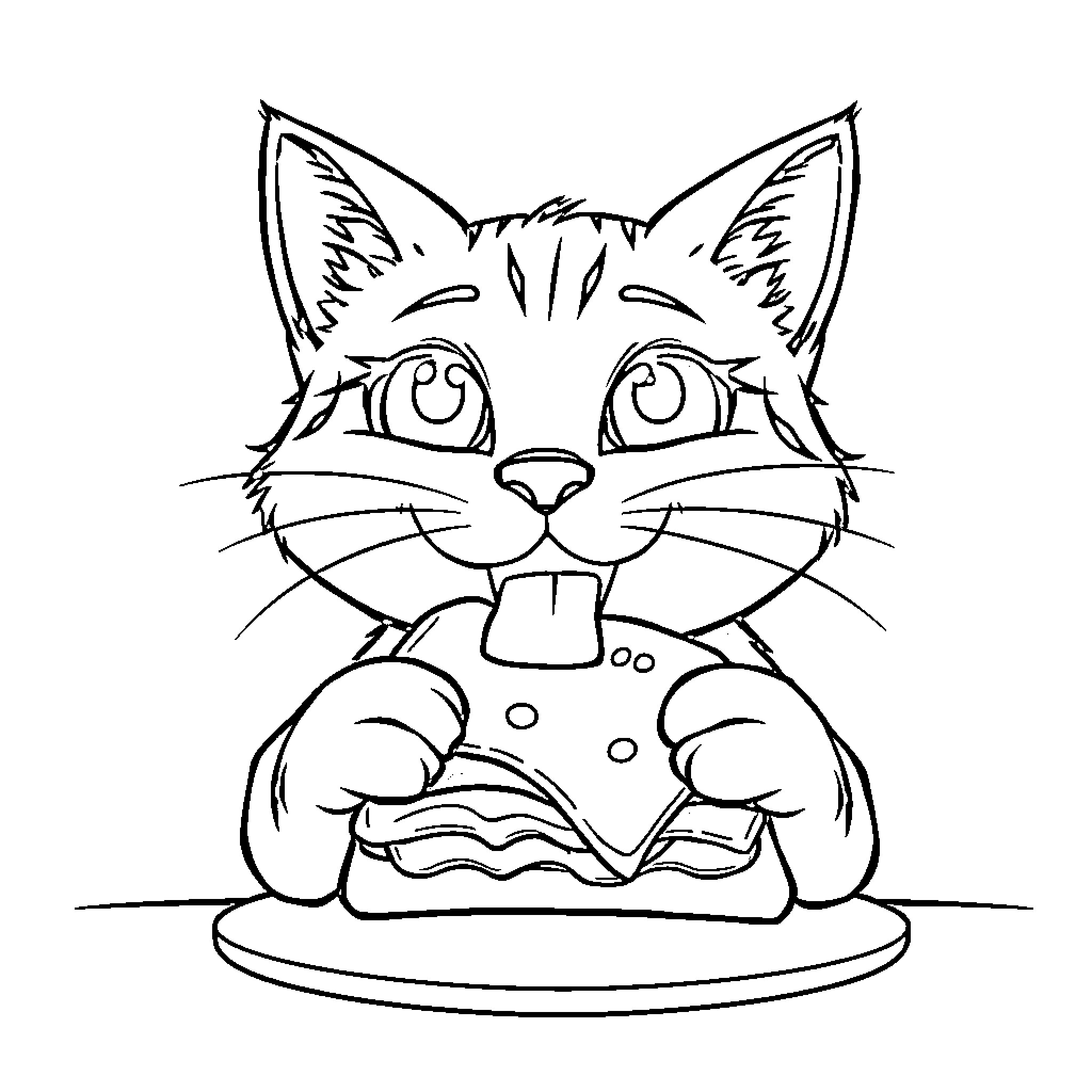 Cat enjoying a delicious treat Coloring Page (free black-and-white line drawing printable PDF for all, from beginners to advanced learners, including children, teens, adults, and seniors)