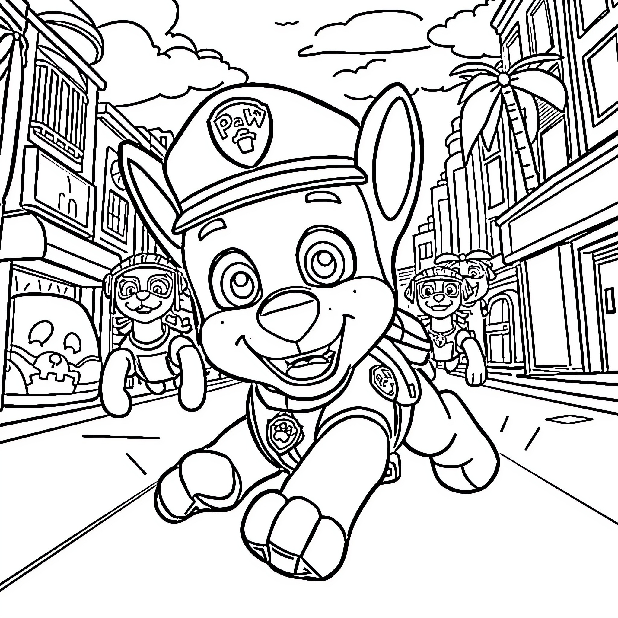 Chase the Paw Patrol pups on a city adventure Coloring Page (free black-and-white line drawing printable PDF for all, from beginners to advanced learners, including children, teens, adults, and seniors)