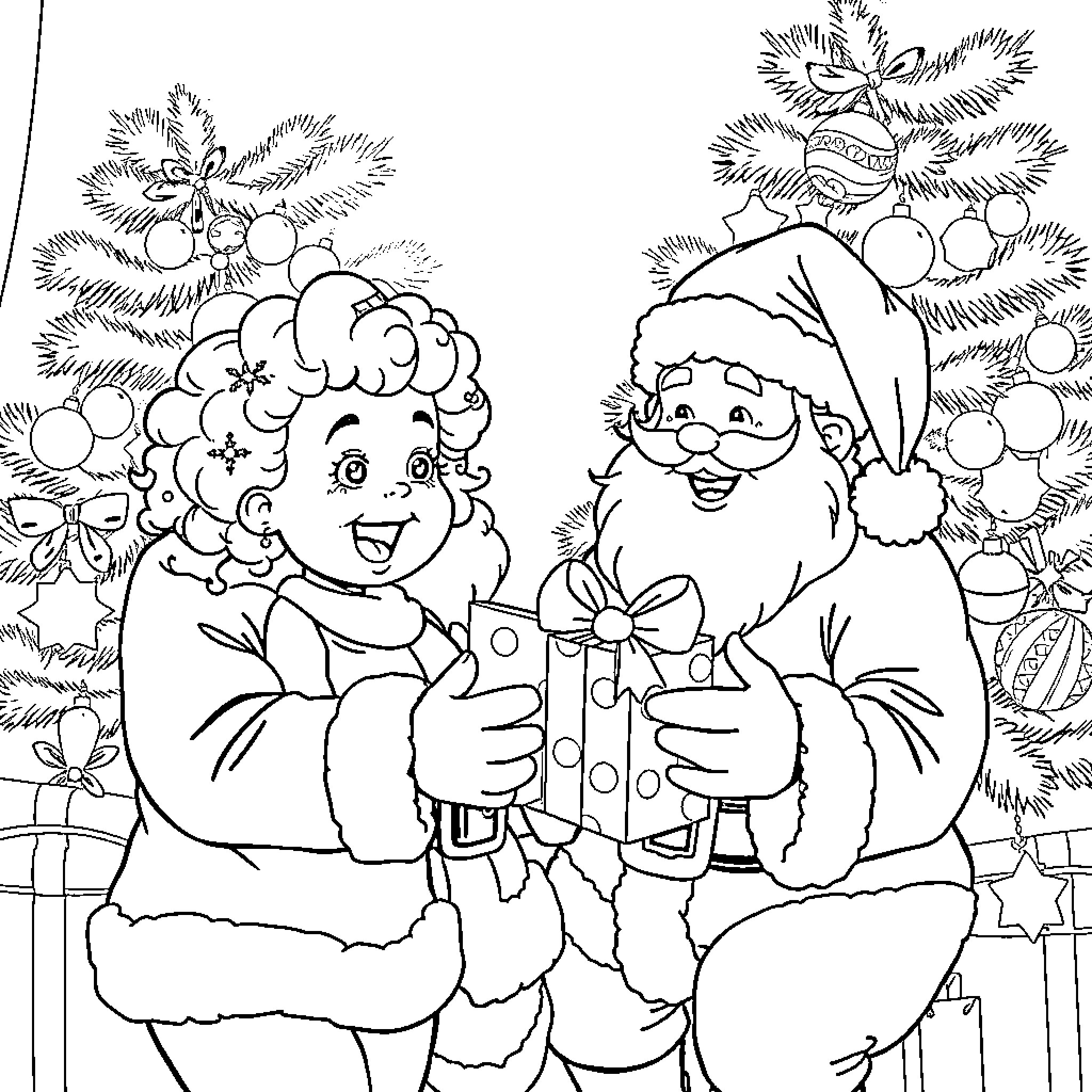 Girl and Santa Claus Celebrating Christmas Together Coloring Page (free black-and-white line drawing printable PDF for all, from beginners to advanced learners, including children, teens, adults, and seniors)