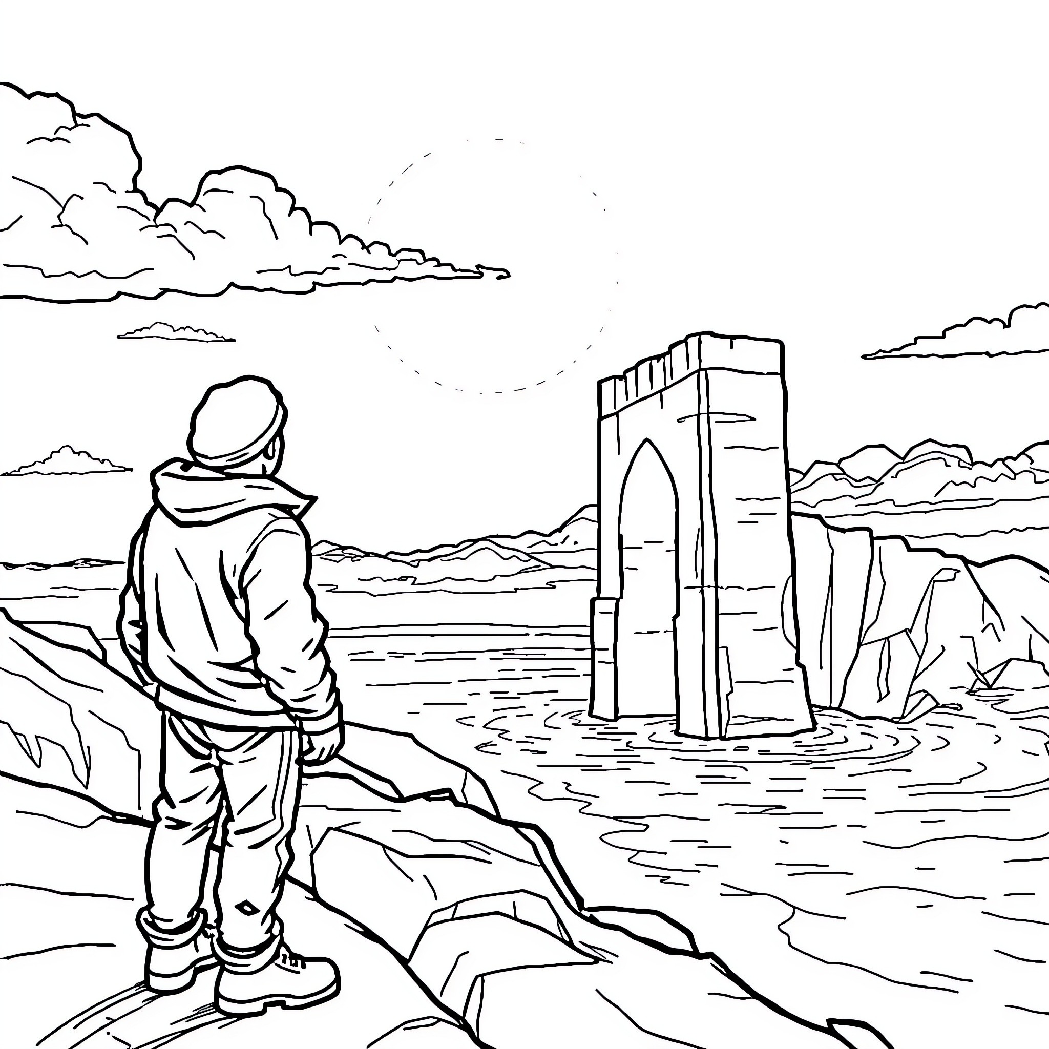 Noah stands alone in the desert landscape Coloring Page (free black-and-white line drawing printable PDF for all, from beginners to advanced learners, including children, teens, adults, and seniors)