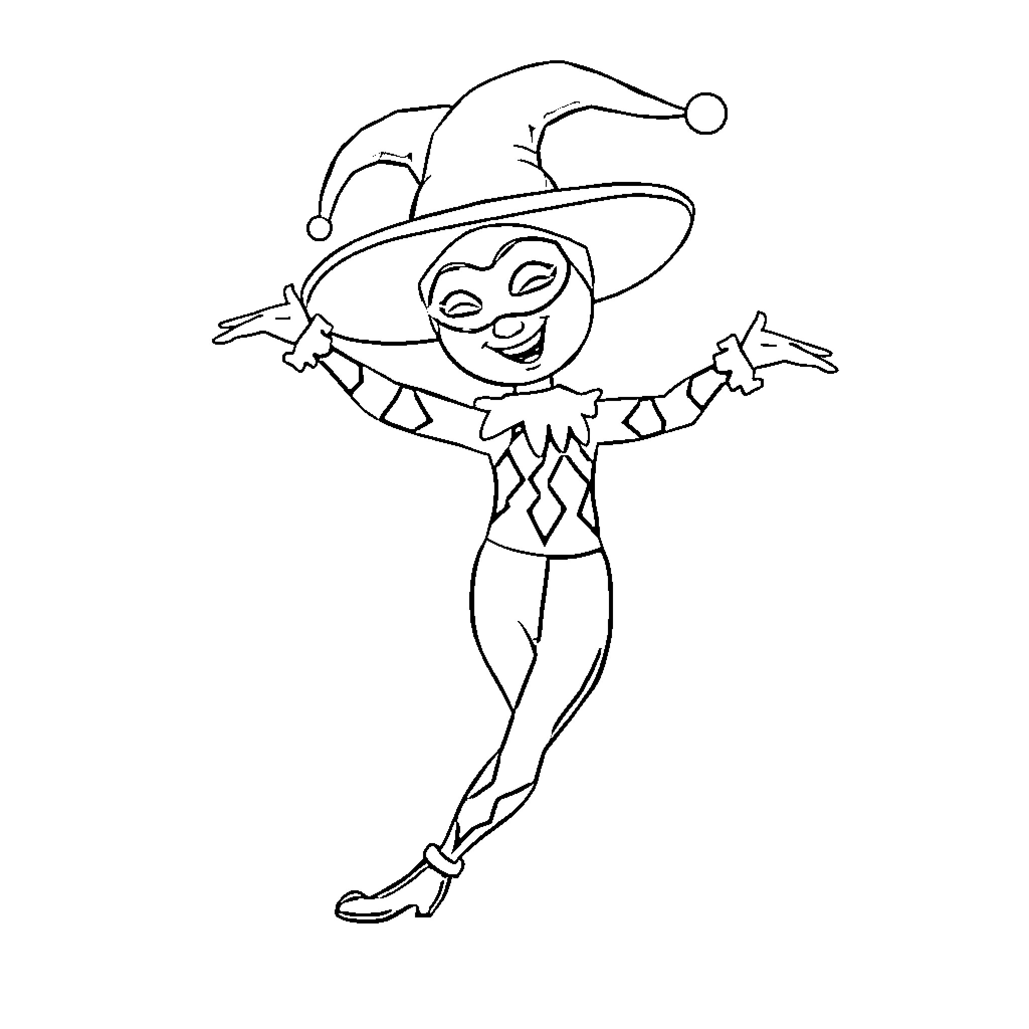 Arlequin performing a playful dance Coloring Page (free black-and-white line drawing printable PDF for all, from beginners to advanced learners, including children, teens, adults, and seniors)