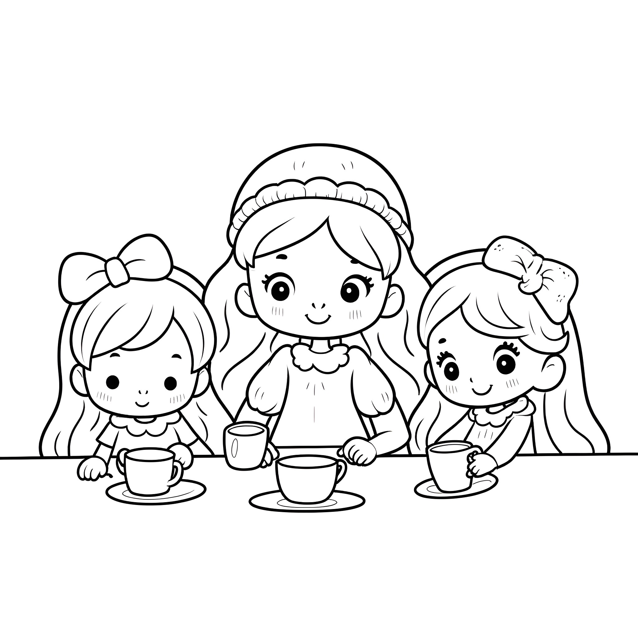 Strawberry Shortcake girls enjoying a tea party Coloring Page (free black-and-white line drawing printable PDF for all, from beginners to advanced learners, including children, teens, adults, and seniors)