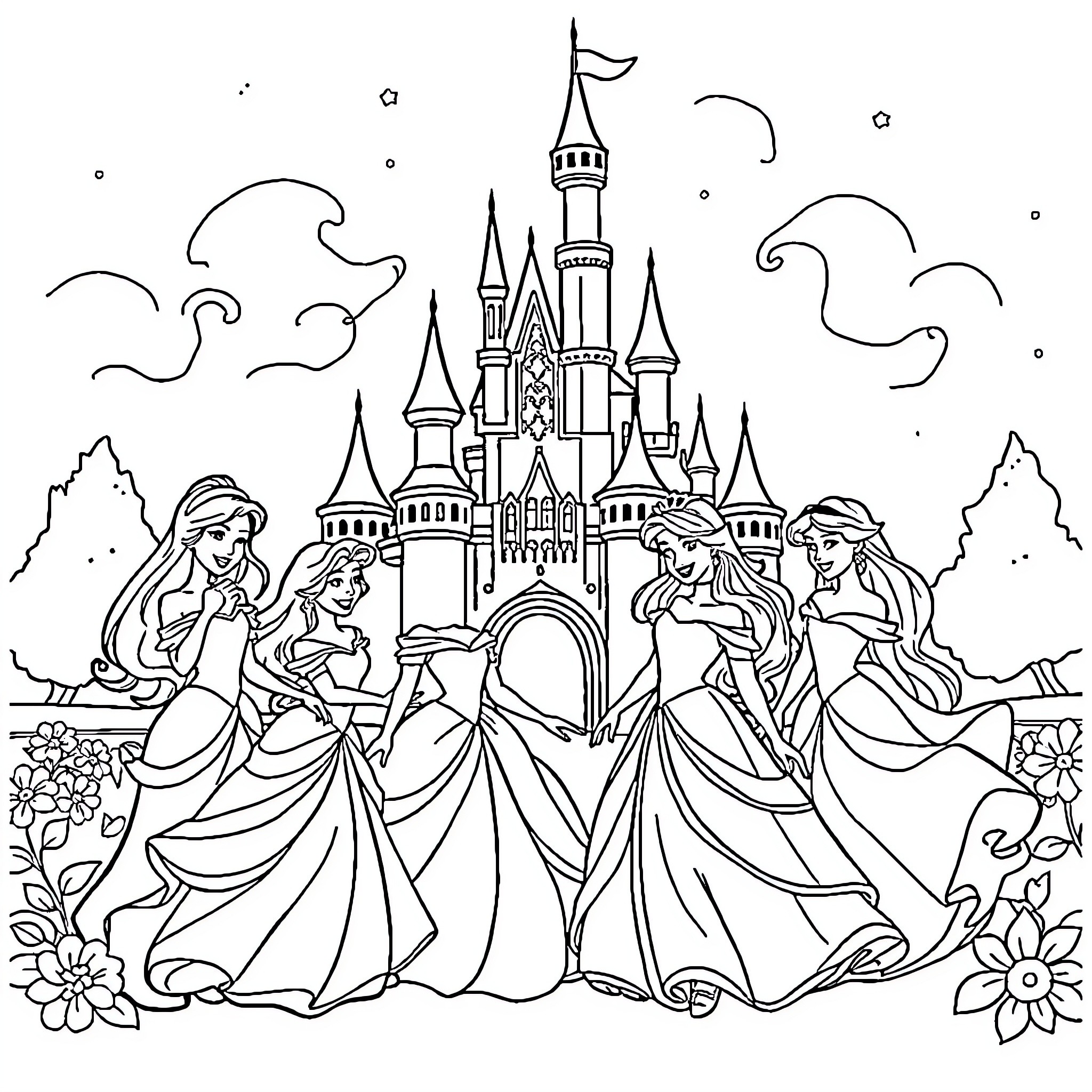 Disney Princesses Celebrating in Front of Castle Coloring Page (free black-and-white line drawing printable PDF for all, from beginners to advanced learners, including children, teens, adults, and seniors)