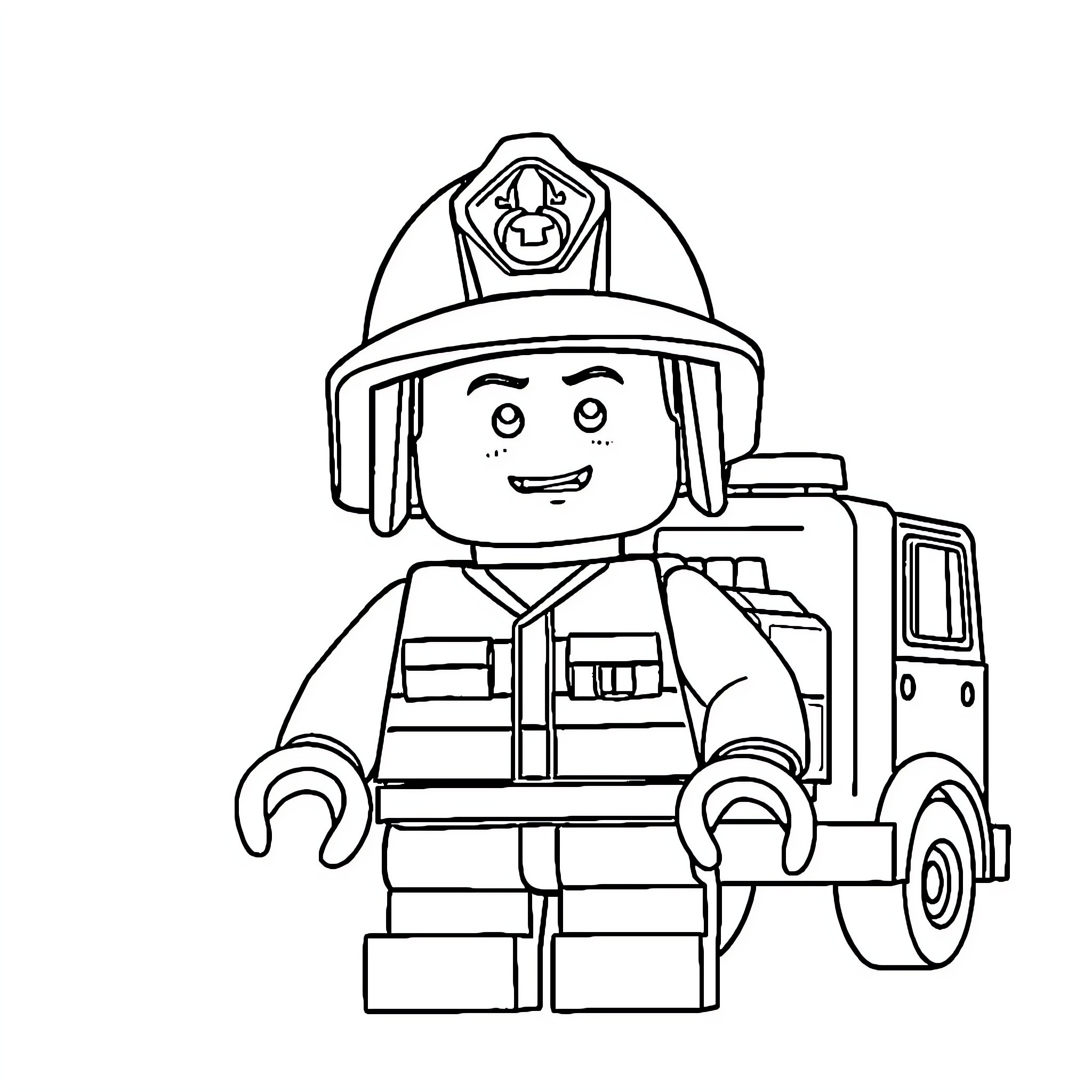 Lego Firefighter Operates Fire Truck Coloring Page (free black-and-white line drawing printable PDF for all, from beginners to advanced learners, including children, teens, adults, and seniors)
