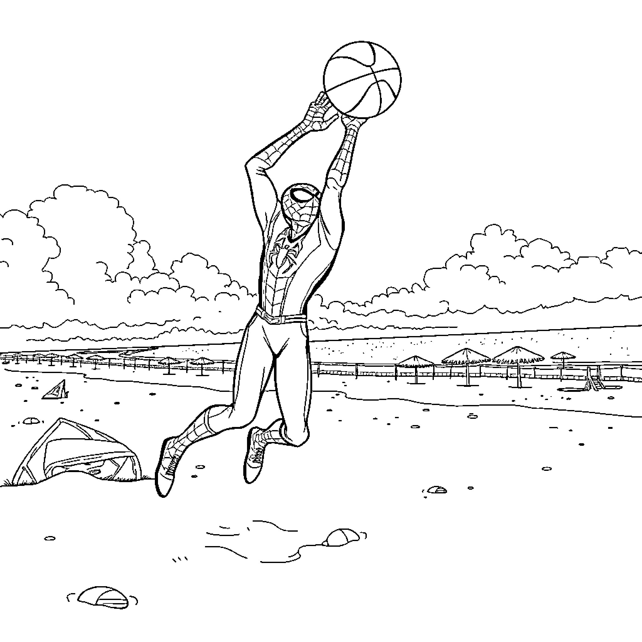 Spiderman soaring to catch a basketball on the beach Coloring Page (free black-and-white line drawing printable PDF for all, from beginners to advanced learners, including children, teens, adults, and seniors)