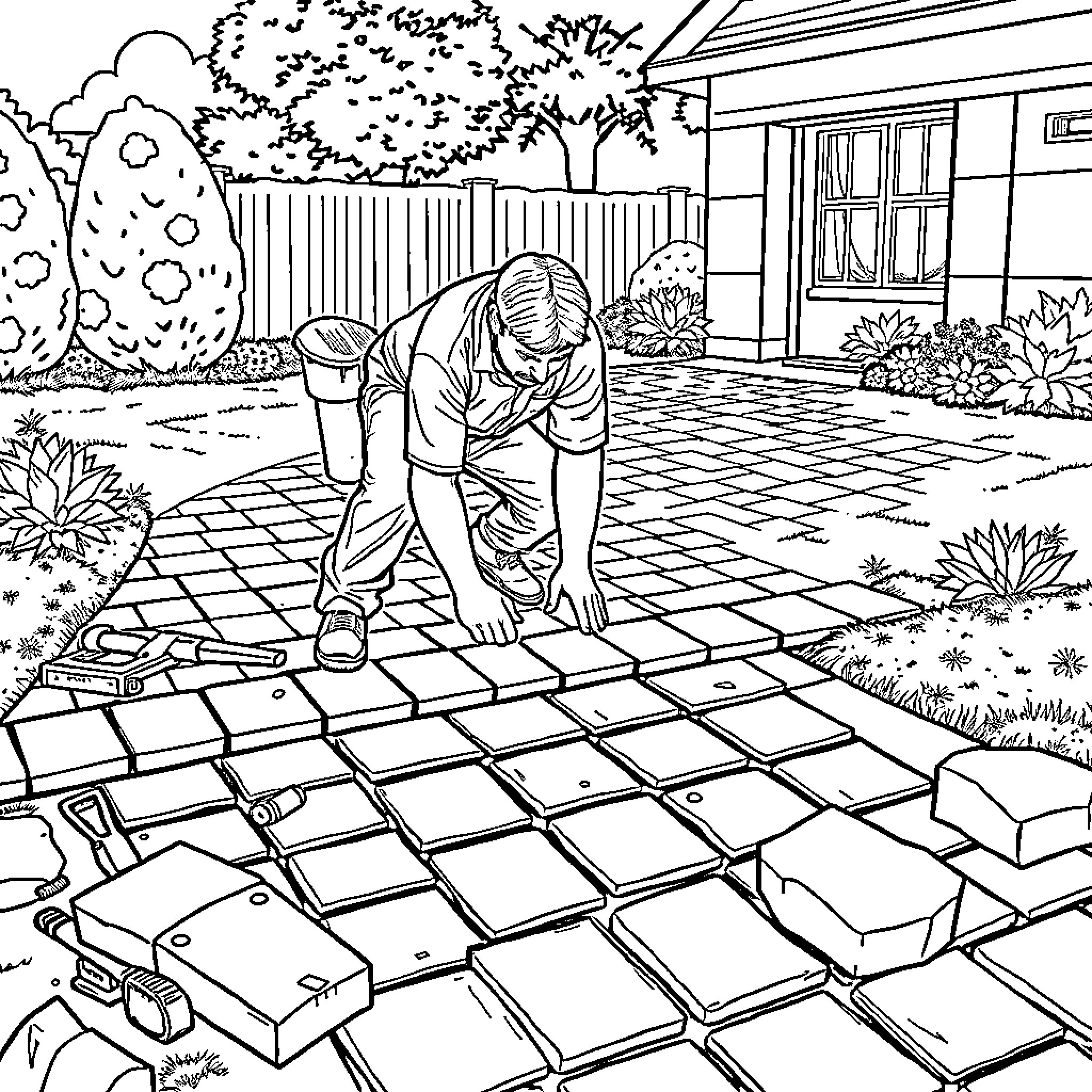 Man working on paving stones in backyard Coloring Page (free black-and-white line drawing printable PDF for all, from beginners to advanced learners, including children, teens, adults, and seniors)