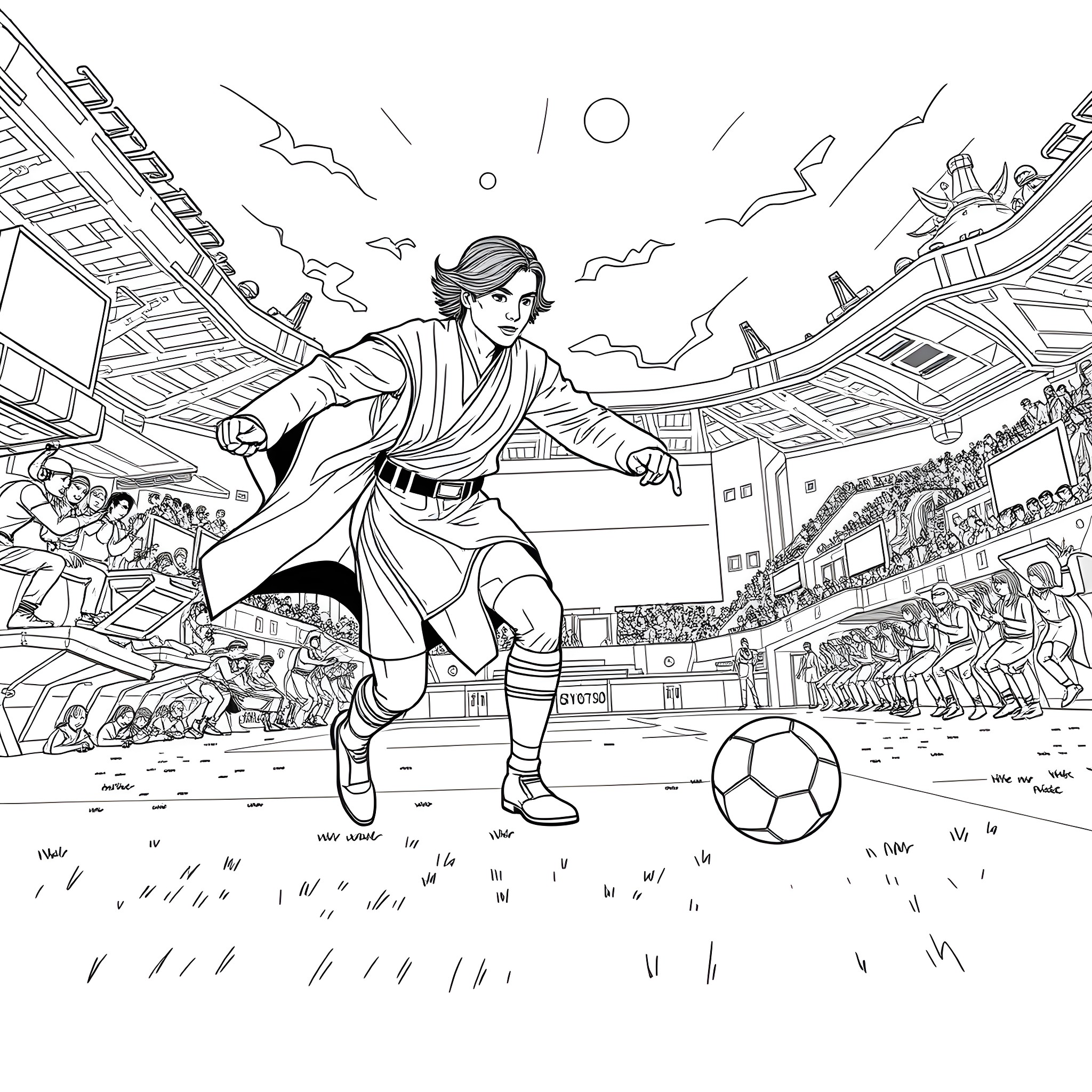 Anakin Skywalker playing football in the stadium Coloring Page (free black-and-white line drawing printable PDF for all, from beginners to advanced learners, including children, teens, adults, and seniors)
