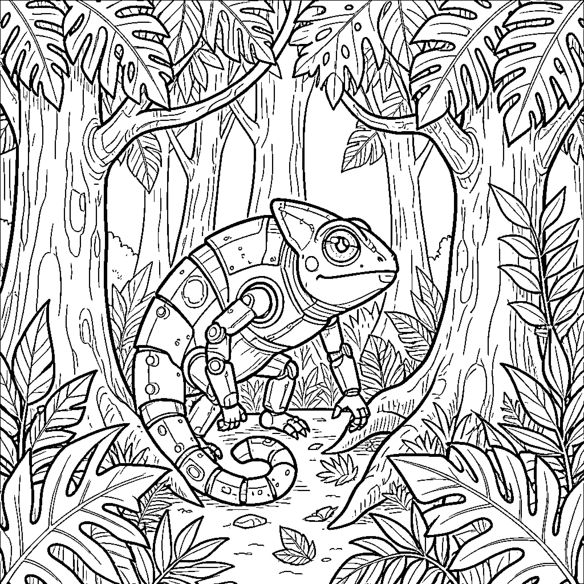 Robot chameleon crawling through a dense jungle Coloring Page (free black-and-white line drawing printable PDF for all, from beginners to advanced learners, including children, teens, adults, and seniors)