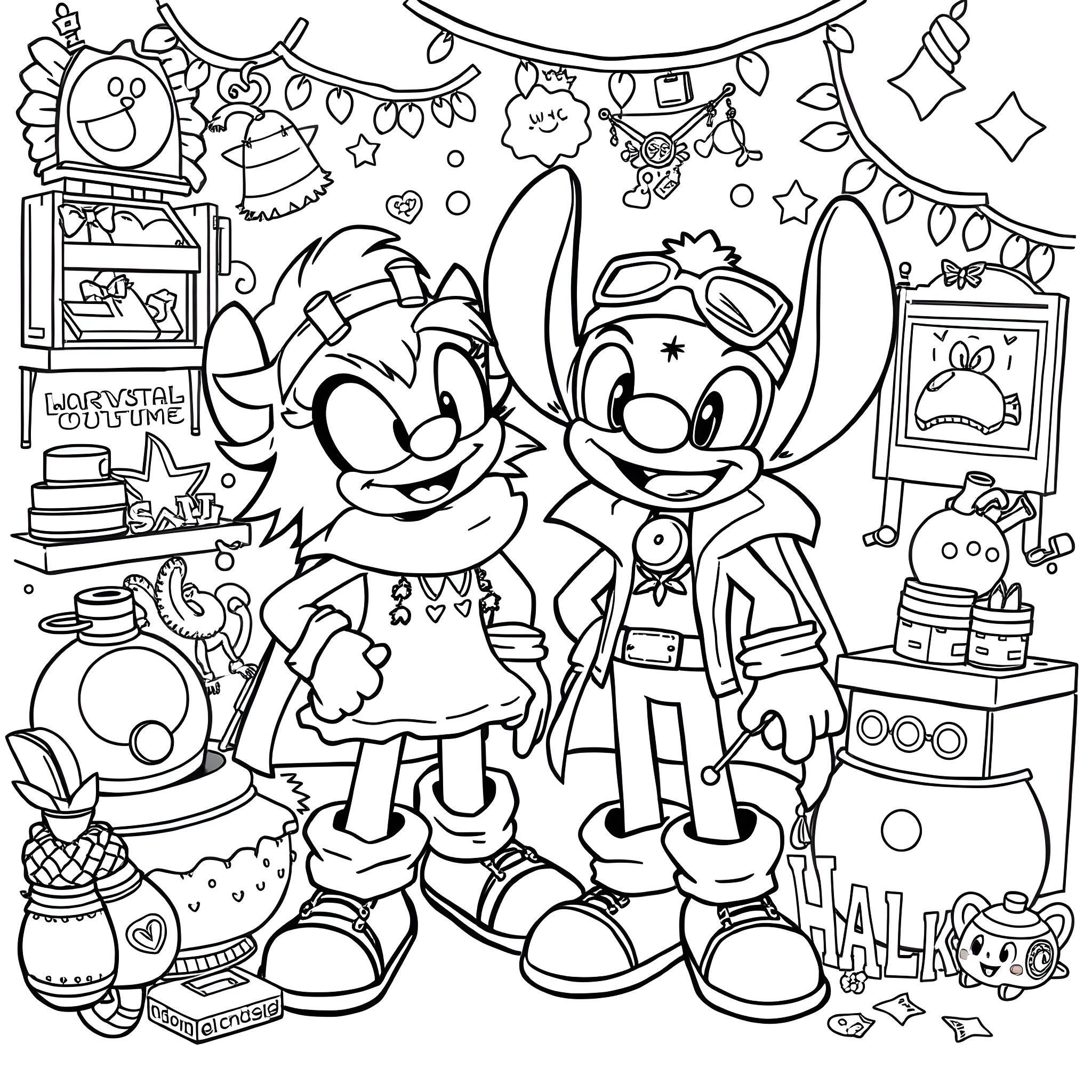 Sonic Characters Enjoying a Fun-Filled Holiday Coloring Page (free black-and-white line drawing printable PDF for all, from beginners to advanced learners, including children, teens, adults, and seniors)