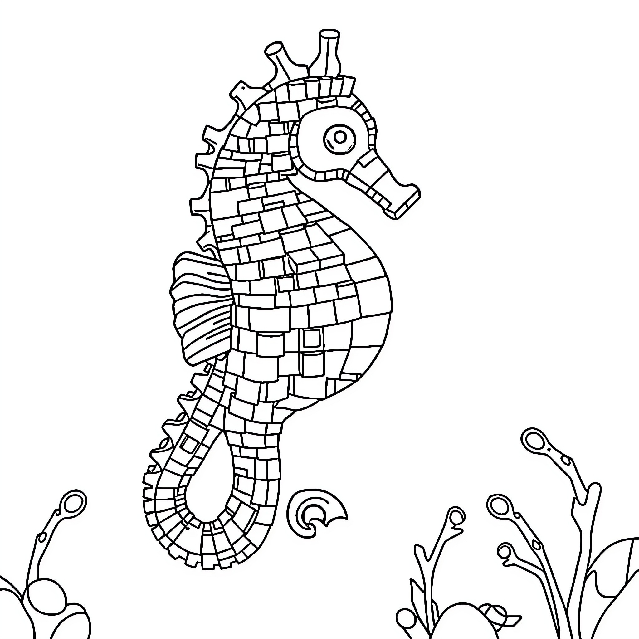 Seahorse in Geometric Patterns Coloring Page (free black-and-white line drawing printable PDF for all, from beginners to advanced learners, including children, teens, adults, and seniors)