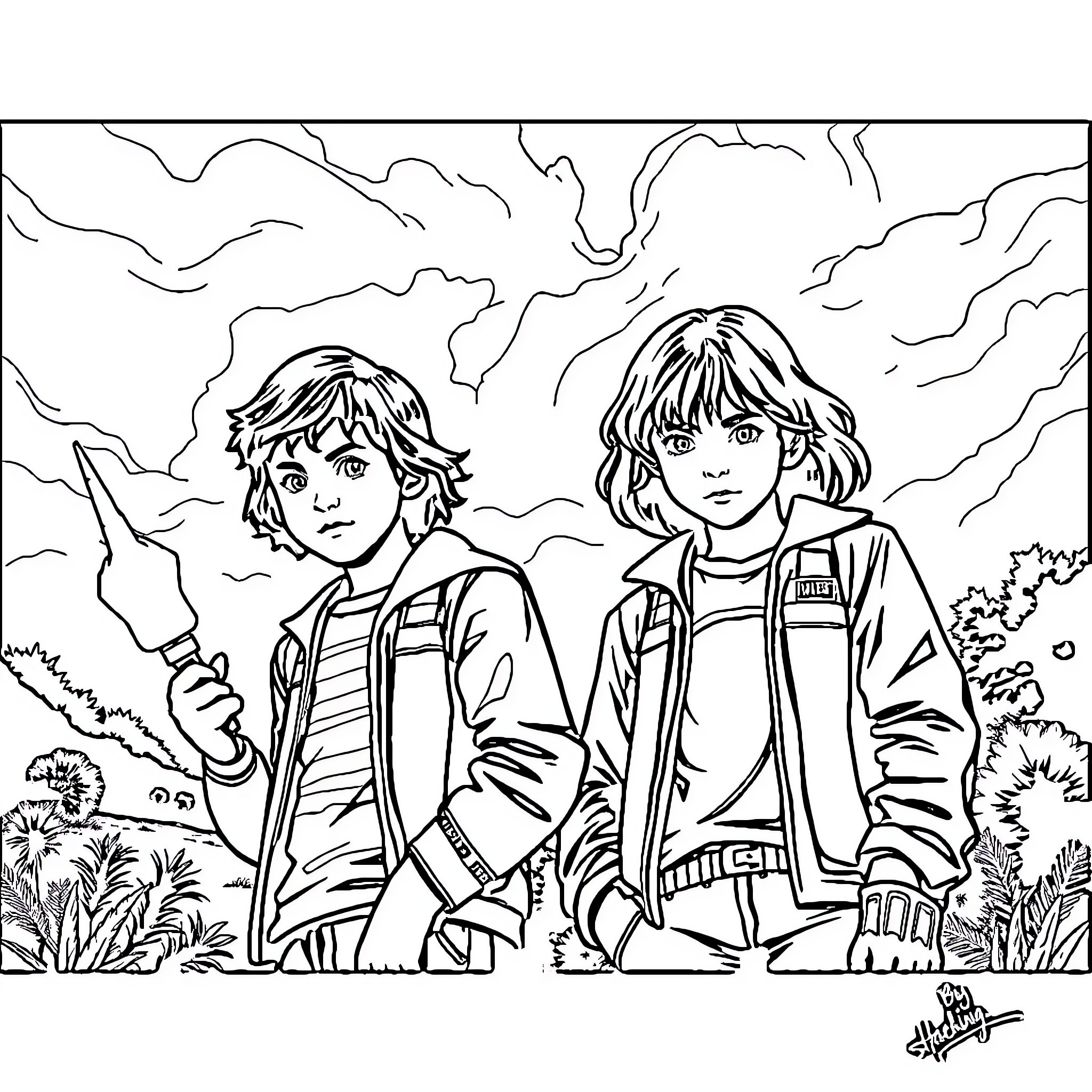 Stranger Things characters in action-packed adventure Coloring Page (free black-and-white line drawing printable PDF for all, from beginners to advanced learners, including children, teens, adults, and seniors)