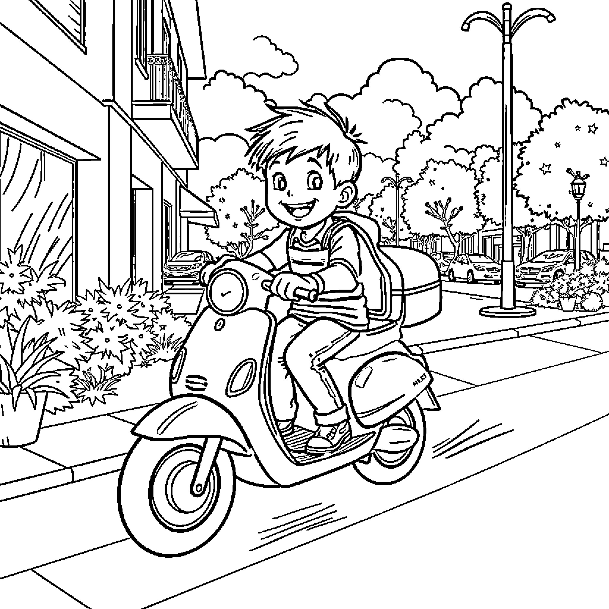 Boy riding scooter in urban neighborhood Coloring Page (free black-and-white line drawing printable PDF for all, from beginners to advanced learners, including children, teens, adults, and seniors)