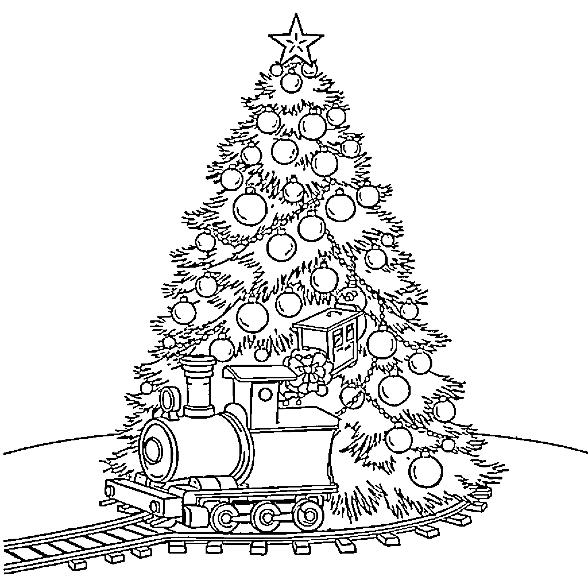 Christmas Tree with Toy Train and Holiday Decorations Coloring Page (free black-and-white line drawing printable PDF for all, from beginners to advanced learners, including children, teens, adults, and seniors)