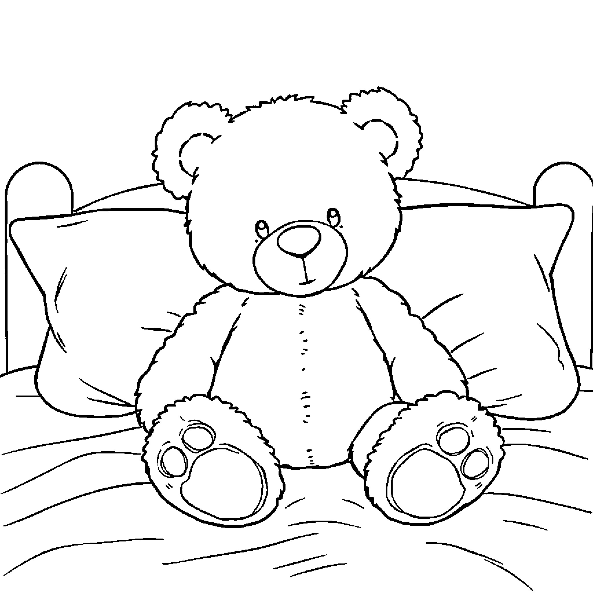 Teddy Bear resting peacefully on the bed Coloring Page (free black-and-white line drawing printable PDF for all, from beginners to advanced learners, including children, teens, adults, and seniors)