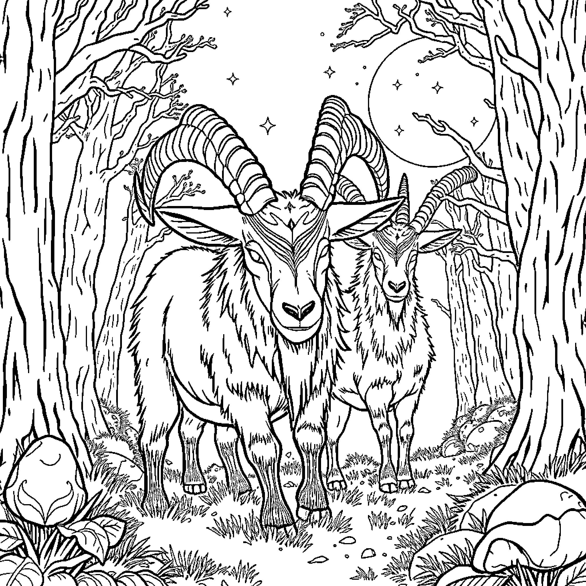 Goat roaming in the mystical forest Coloring Page (free black-and-white line drawing printable PDF for all, from beginners to advanced learners, including children, teens, adults, and seniors)