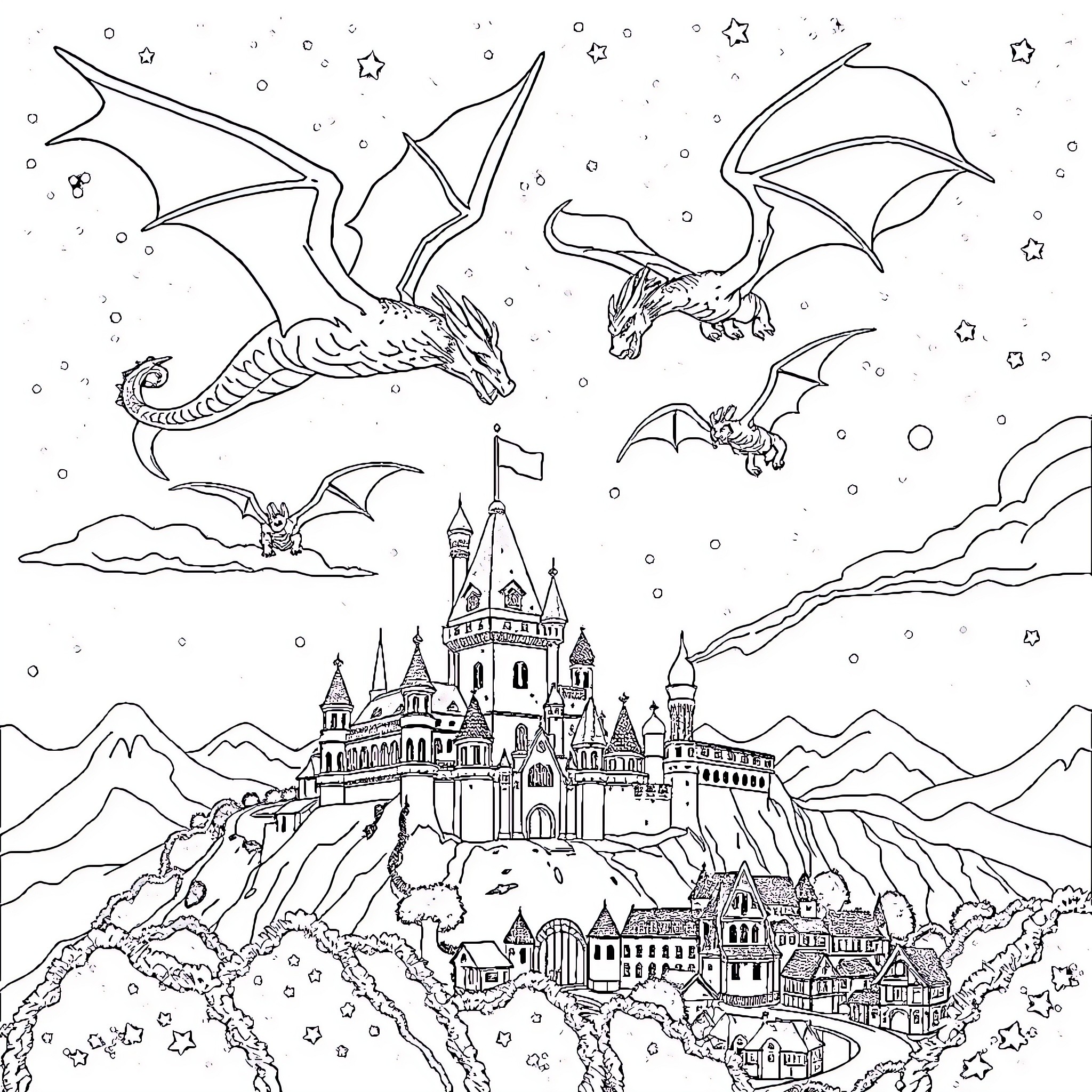 Dragon-inspired castle in fantasy landscape Coloring Page (free black-and-white line drawing printable PDF for all, from beginners to advanced learners, including children, teens, adults, and seniors)