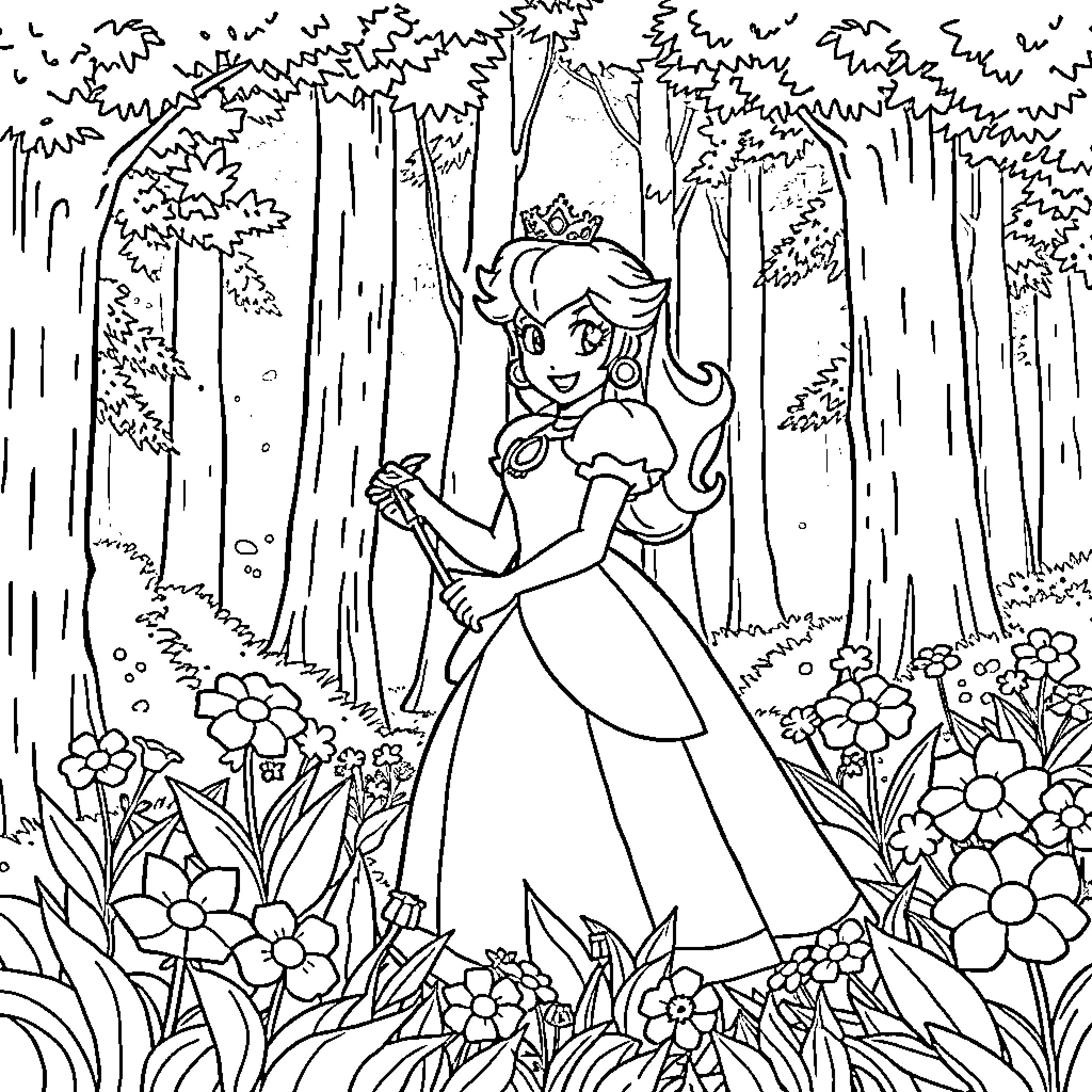 Princess exploring the enchanting forest Coloring Page (free black-and-white line drawing printable PDF for all, from beginners to advanced learners, including children, teens, adults, and seniors)