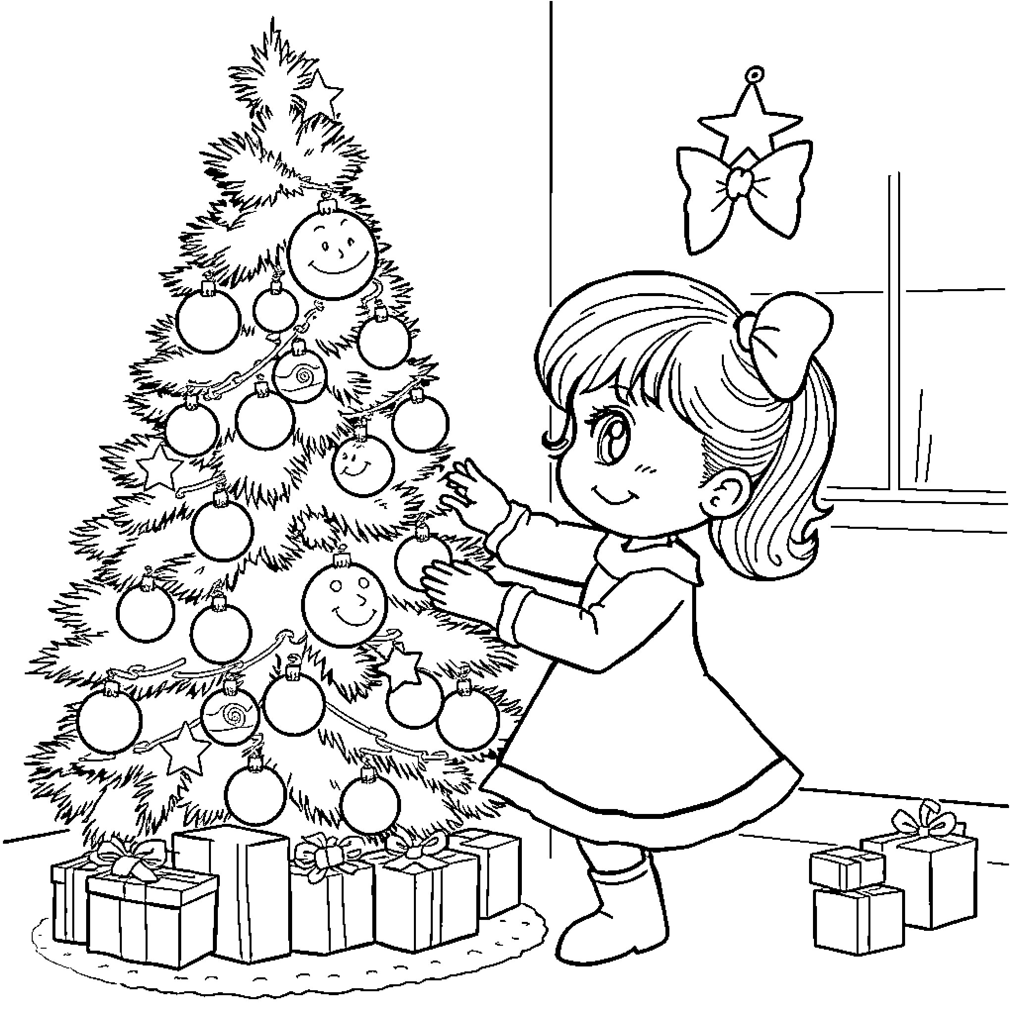 Gabby decorating the Christmas tree happily Coloring Page (free black-and-white line drawing printable PDF for all, from beginners to advanced learners, including children, teens, adults, and seniors)