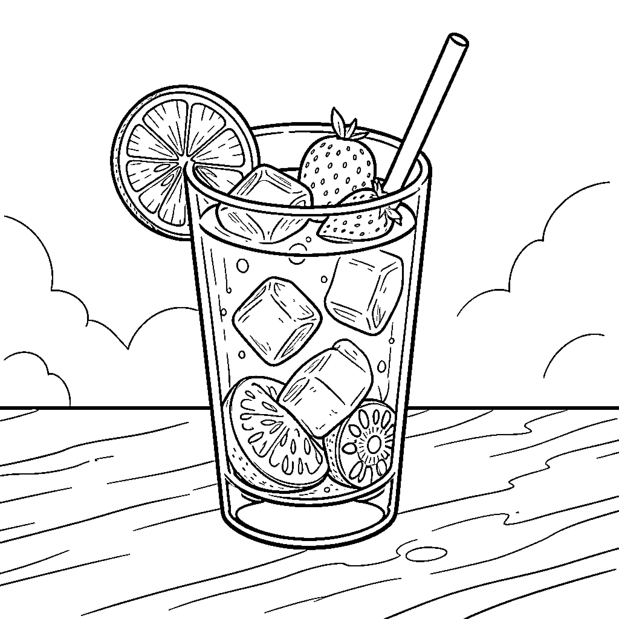 Cocktail with fruit slices and ice cubes in glass Coloring Page (free black-and-white line drawing printable PDF for all, from beginners to advanced learners, including children, teens, adults, and seniors)