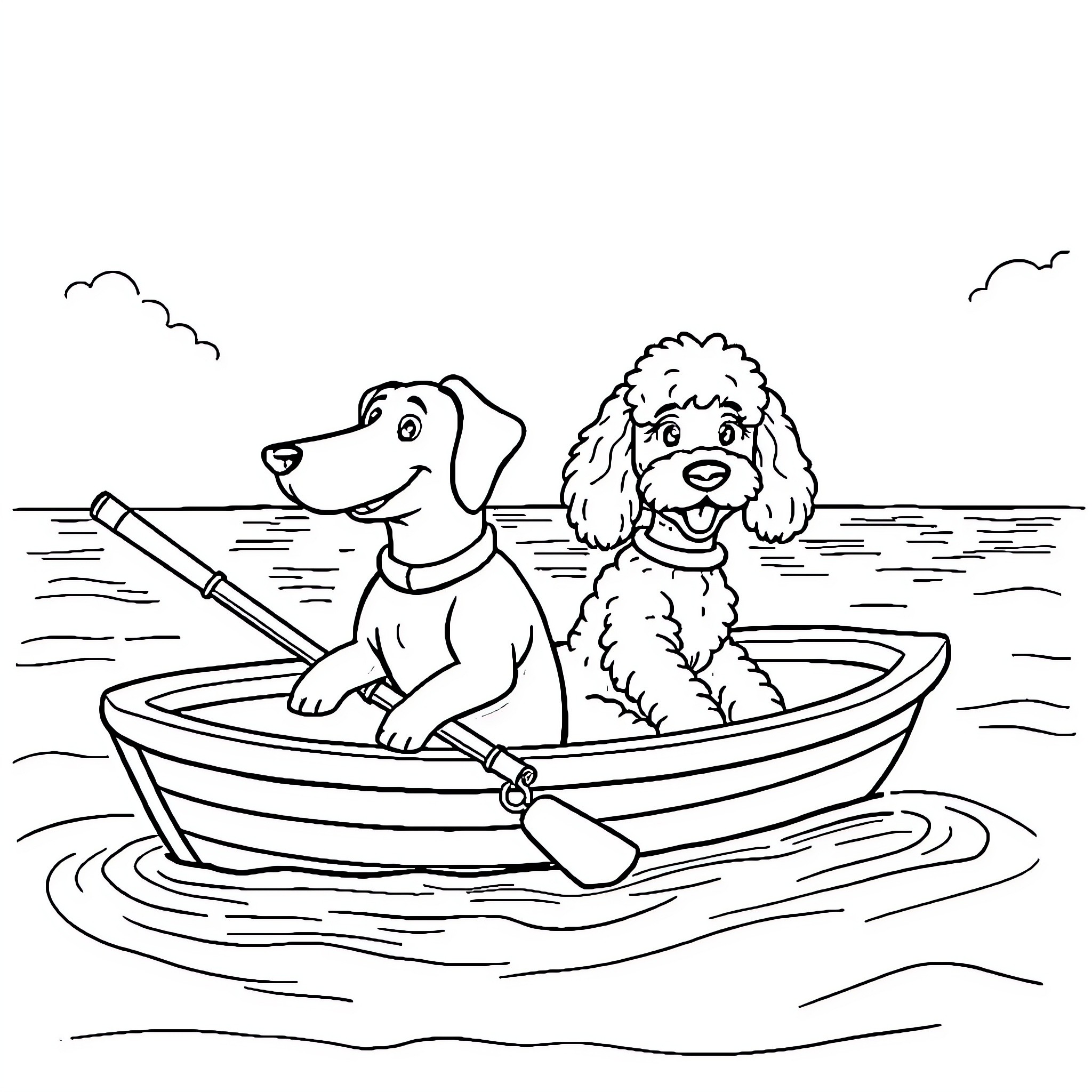 Dogs enjoying a boat ride on the lake Coloring Page (free black-and-white line drawing printable PDF for all, from beginners to advanced learners, including children, teens, adults, and seniors)