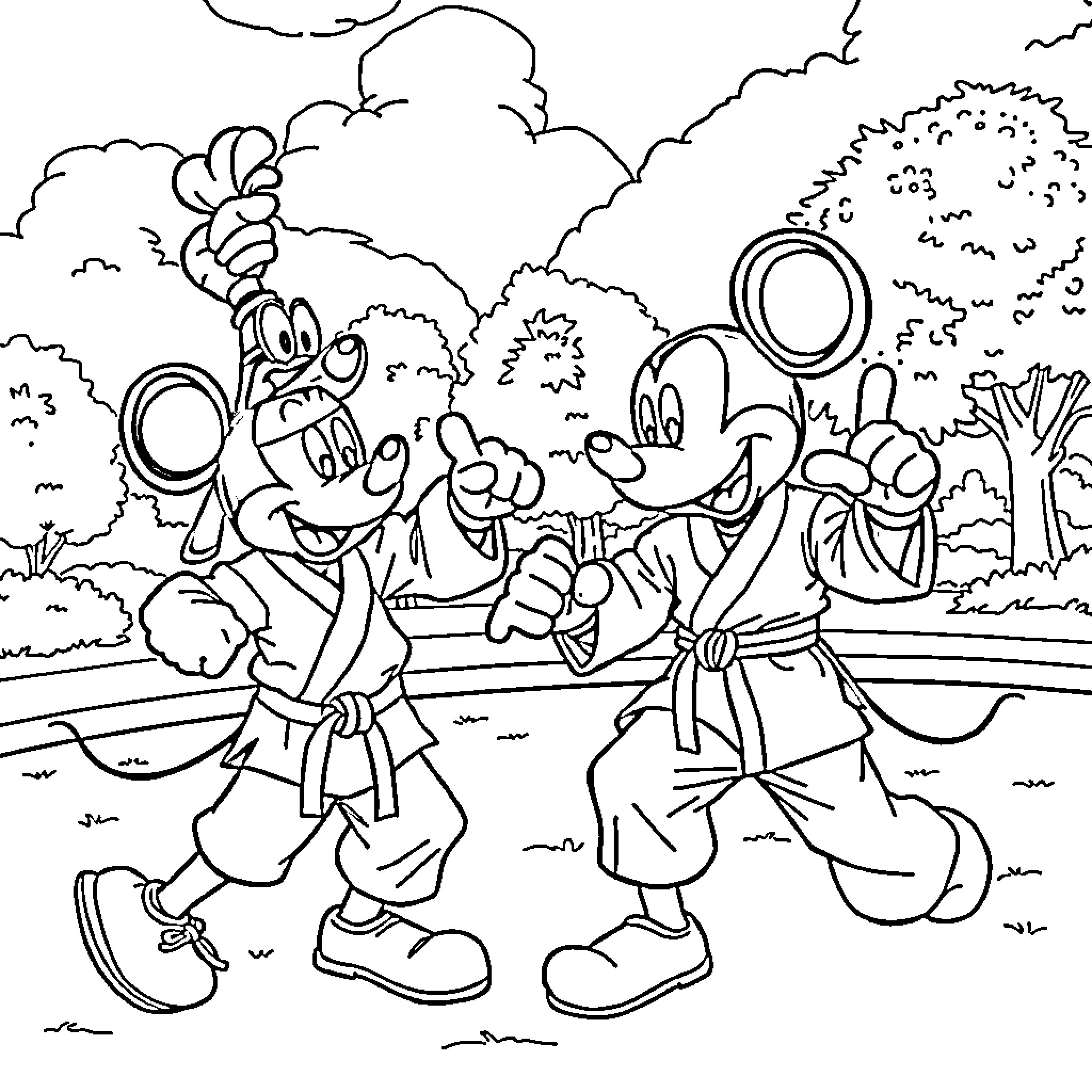 Mickey Mouse and friends having a lively outdoor adventure Coloring Page (free black-and-white line drawing printable PDF for all, from beginners to advanced learners, including children, teens, adults, and seniors)